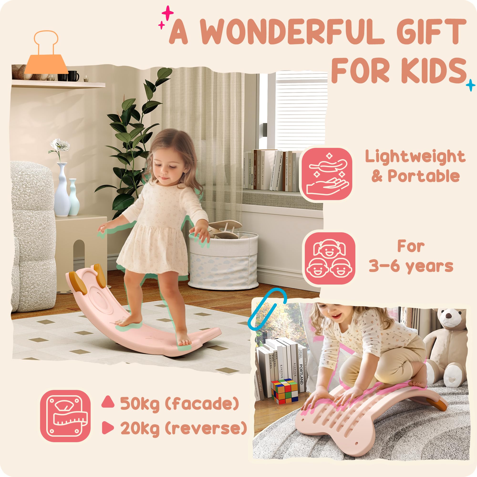 AIYAPLAY Tabla equilibrio niños Wobble Board niño pequeño curva Rosa