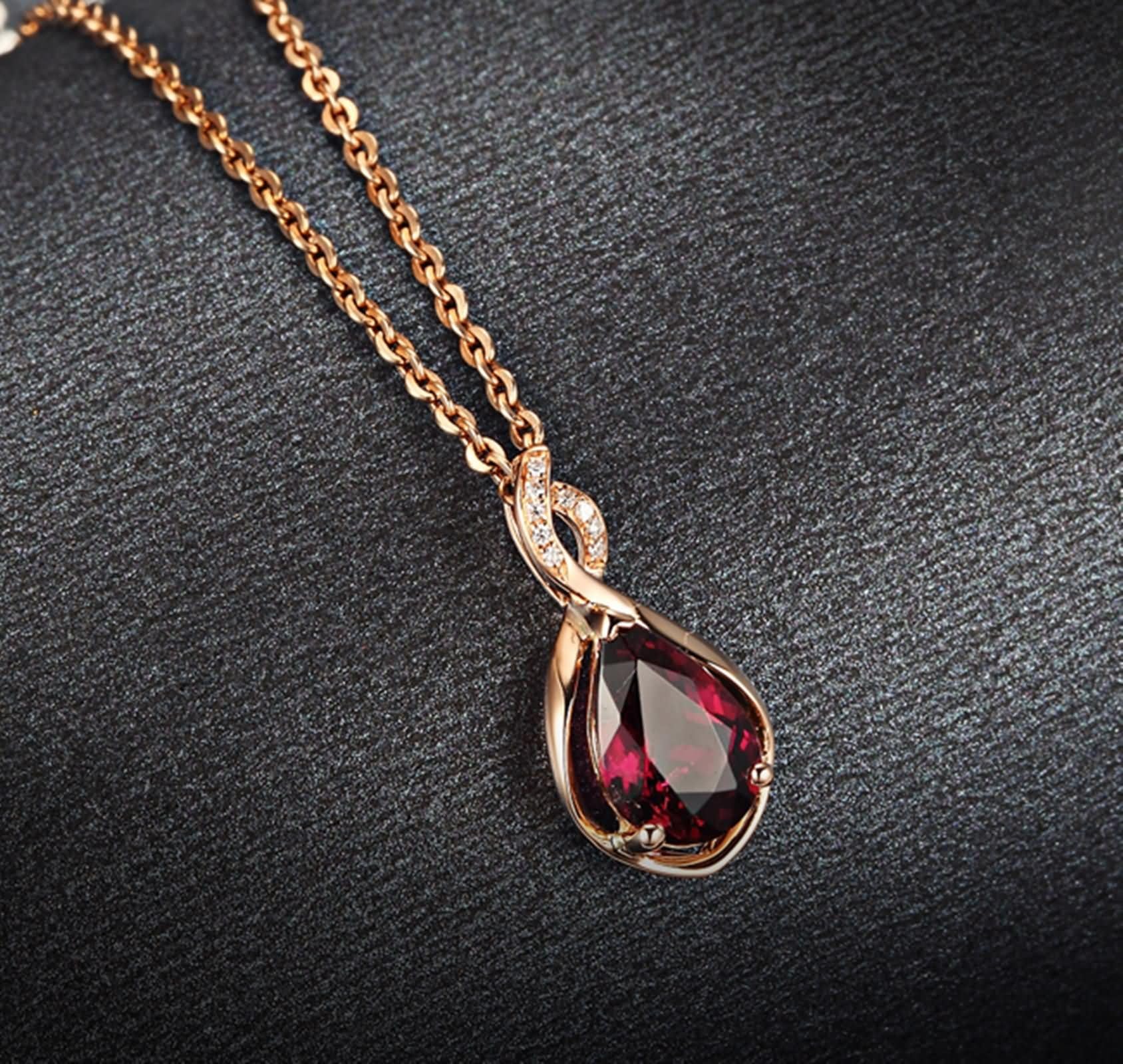 Donna Catenella per Collana Oro Rosa 9K / 14K / 18K, Goccia d'acqua con Tormalina Rossa da 1,44ct e Diamante, Collane Oro Rosa Donna