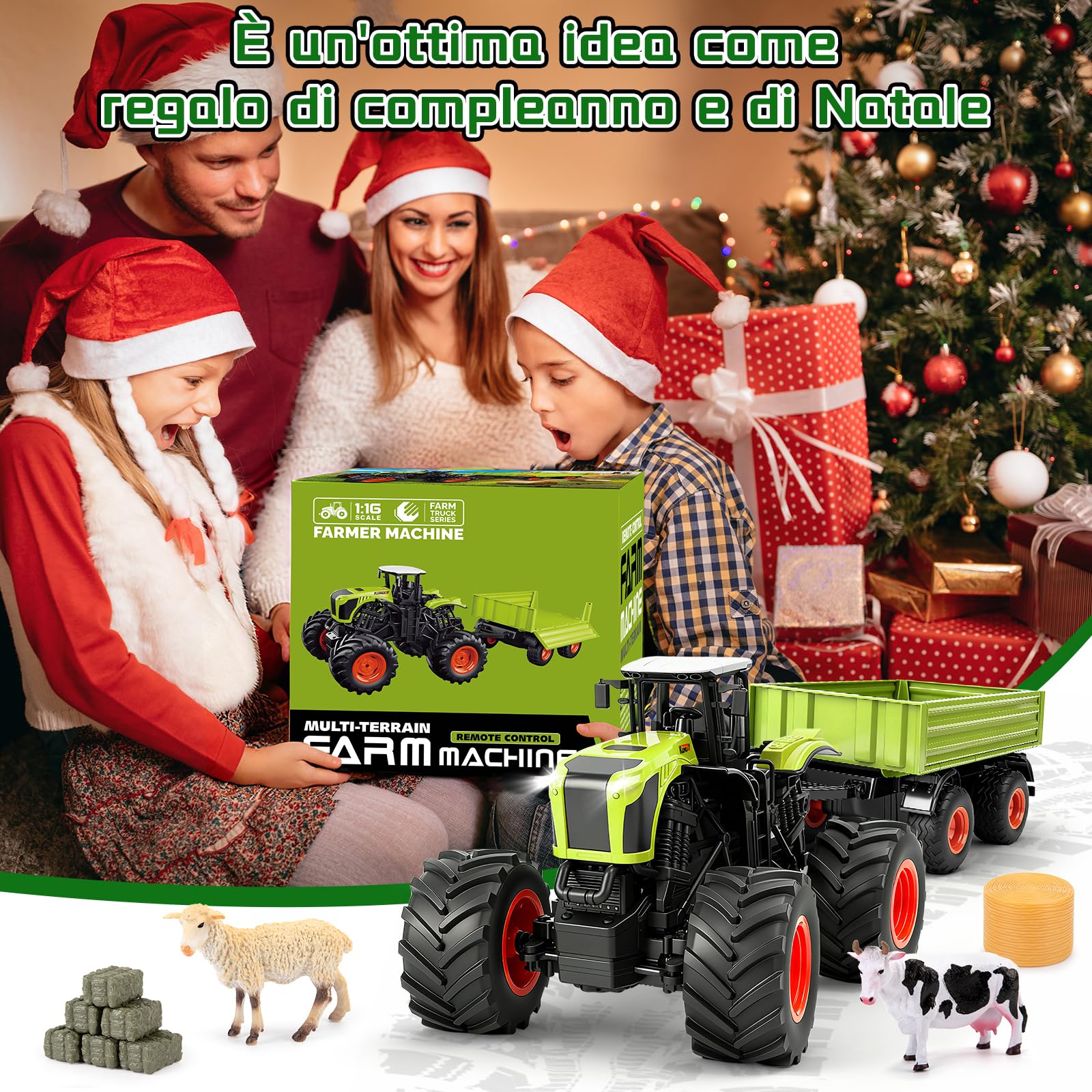 Ulikey RC Trattore Telecomandato per Bambini, 1:16 2,4 GHz Trattore Radiocomandato con Rimorchio, Mucca, Pecora e Pagliaio, Agricolo RC Auto con Musica Luci LED per Bambini di 4 5 6 7 8 anni