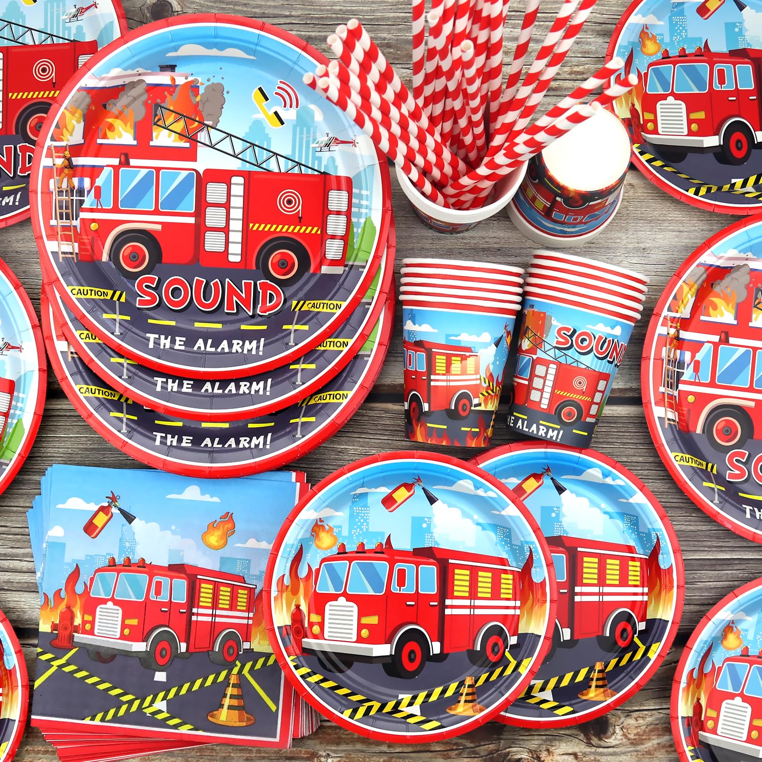 Fire truck Party Accessories, Dinner Plates, Dessert Plates, Cups, Napkins, Tablecloth - Image 3