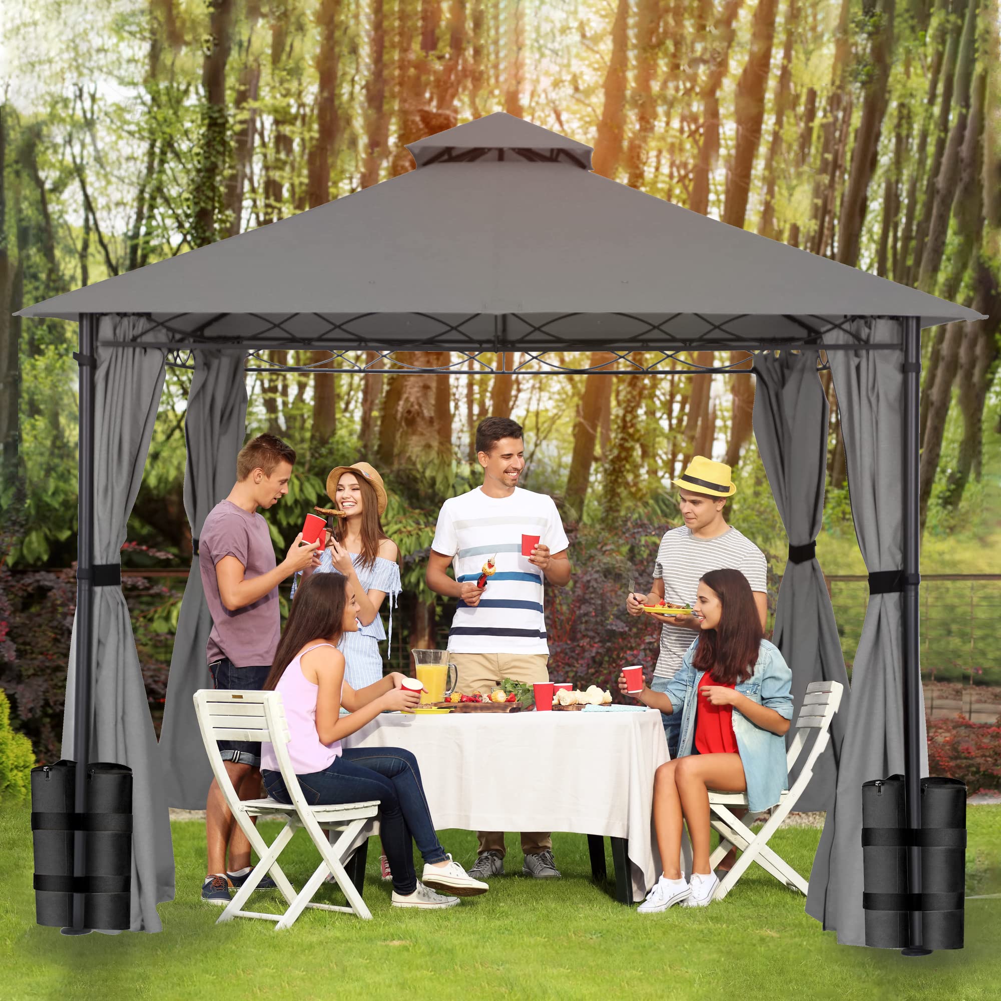 FAB BASED 10'x10' Gazebo for Patios, Double Vent Outdoor Canopy with Curtains & Sand Bag, Outside Patio Tent with Wavy Lines Decorative for Backyard (Dark Grey)