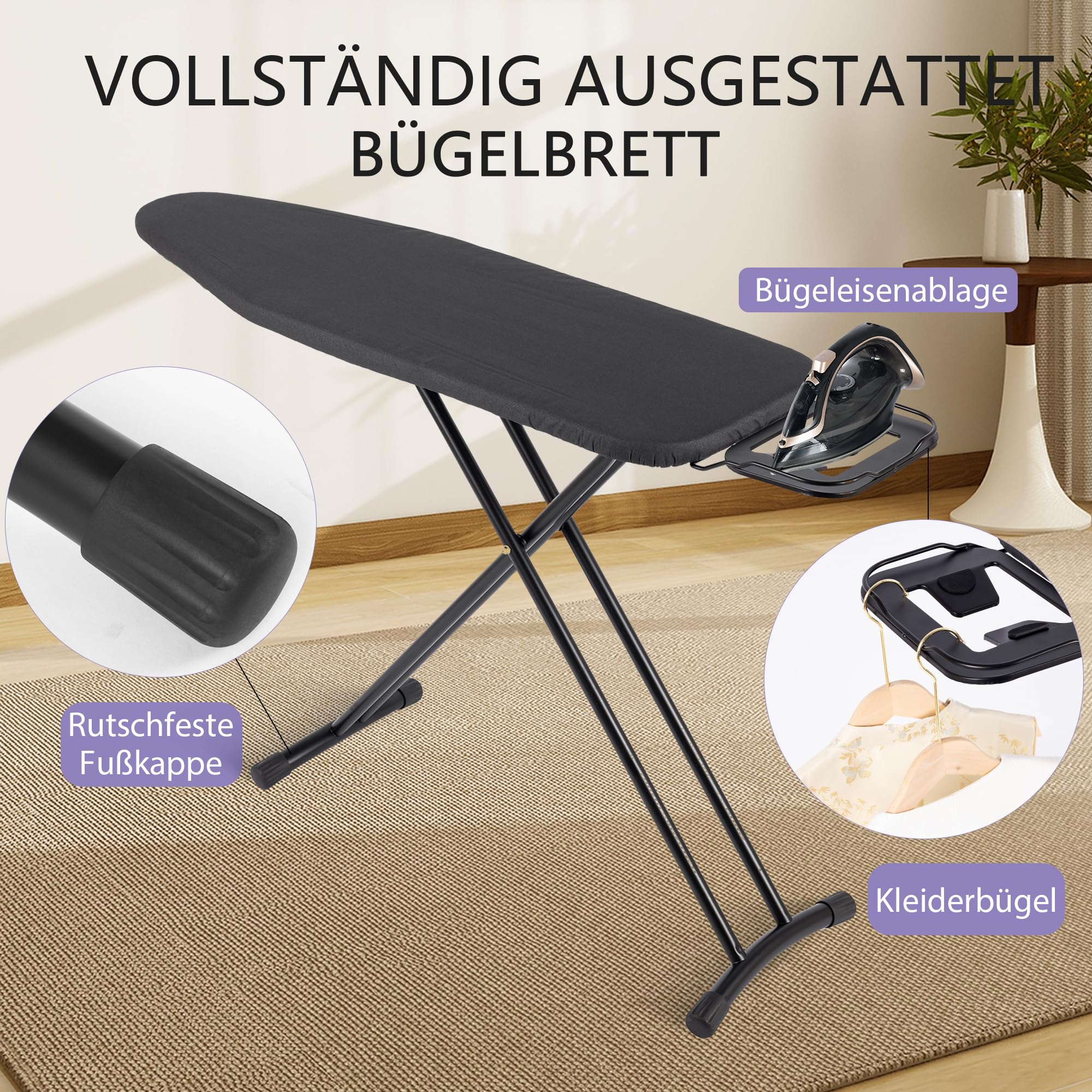 Bügelbrett Aoufottes ist höhenverstellbar, Bügeltisch für Dampfbügeleisen,Ironing Board, Dampfbügeltisch mit Zwei Seiten Bügeleffekt, 120x38cm Schwarz