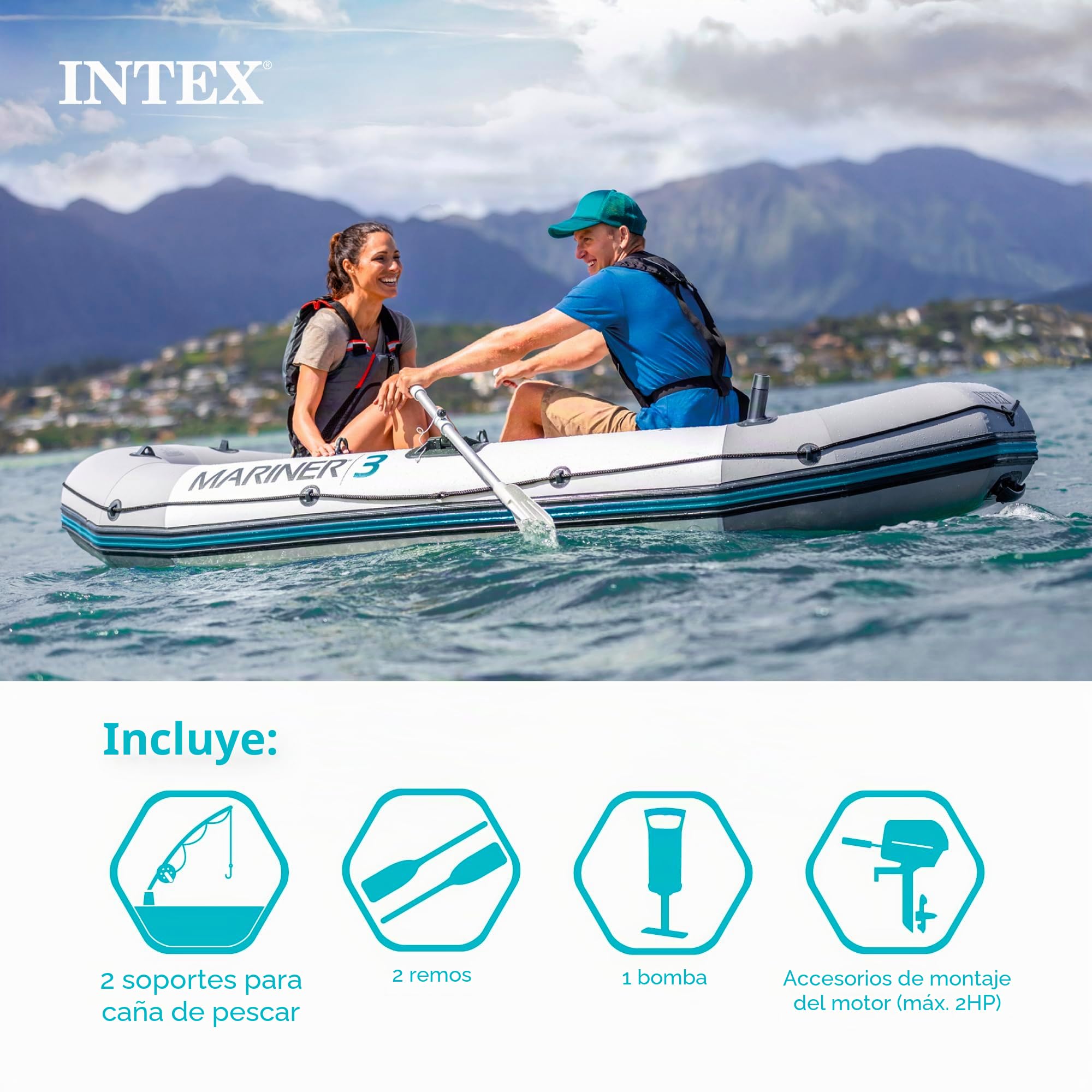 Intex Mariner - Juego de Barco Inflable para 3 Personas con remos de Aluminio y Bomba de Aire de Alta Salida (último Modelo)