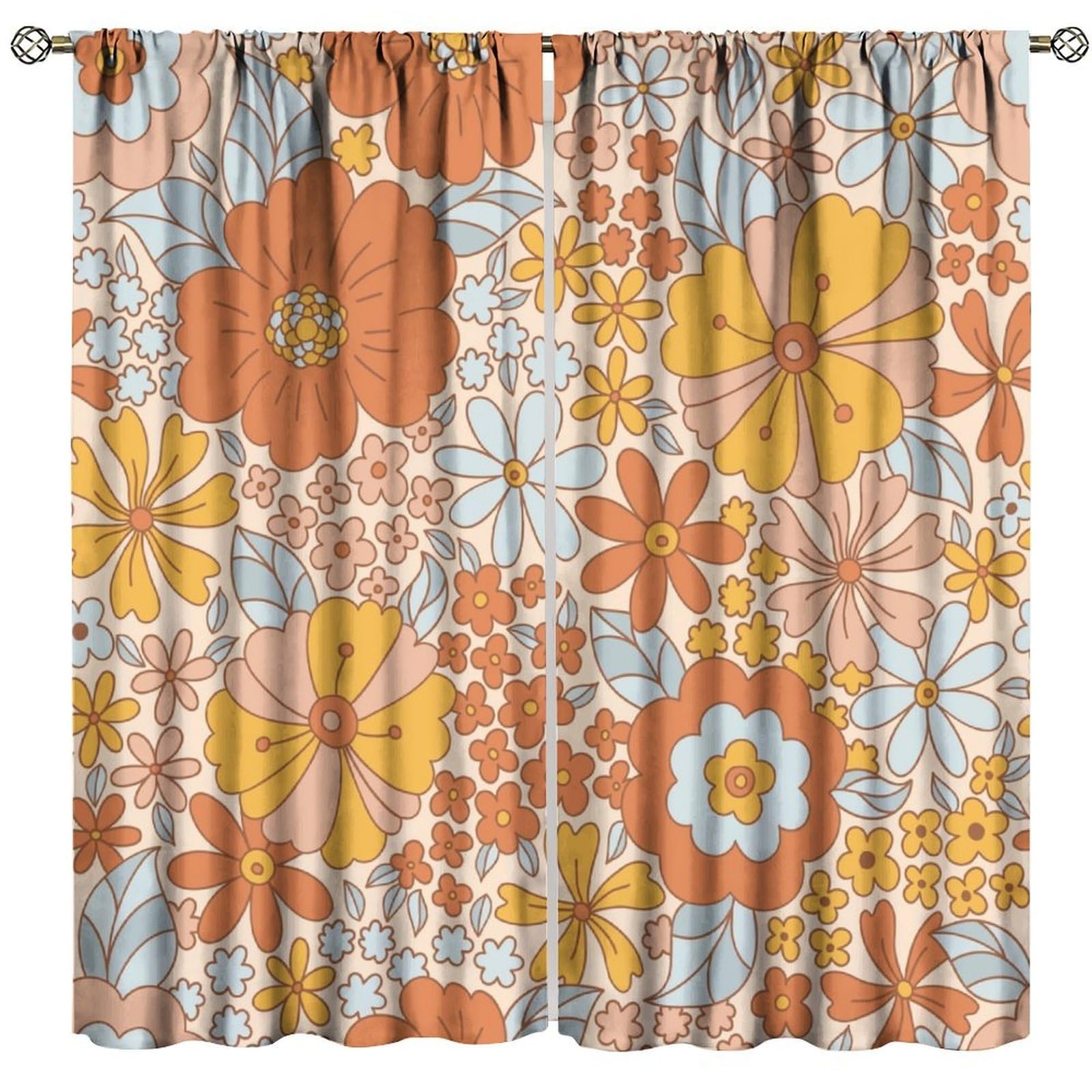 Hippie Floral Blackout Window Curtain, Retro 70s Vintage Orange Daisy Groovy Cute Flower Aesthetic Boho Funky Trippy for Home Kitchen Livingroom Coffee Room Window Drapes 2Panel 42"W X 54"L