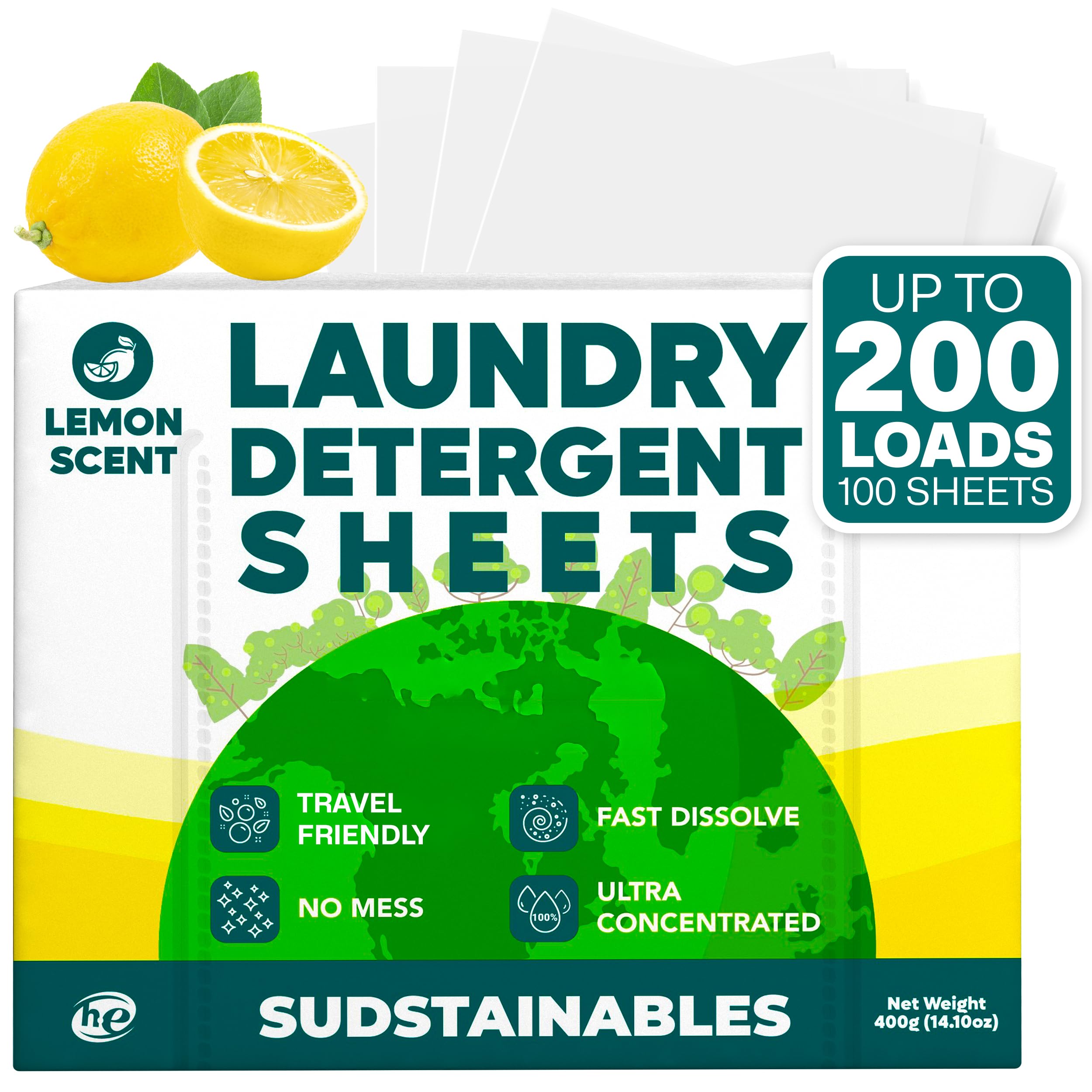 Sudstainables - Fogli di detersivo per bucato ecologici (100 fogli, 200 cariche) Strisce trasparenti e prive di sostanze vegetali