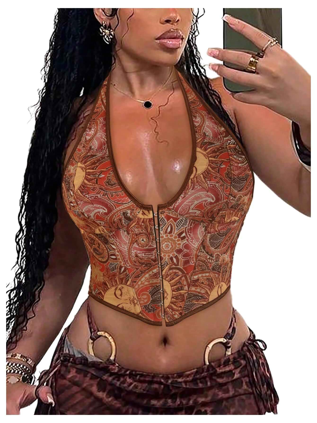 Floerns Women's Y2K PU Leather Halter Neck Crop Tank Top Hook Eye, Backless, Asymmetrical, Party, Cowboy Corset Tops, Club, Concert, Rodeo Outfit, Going Out