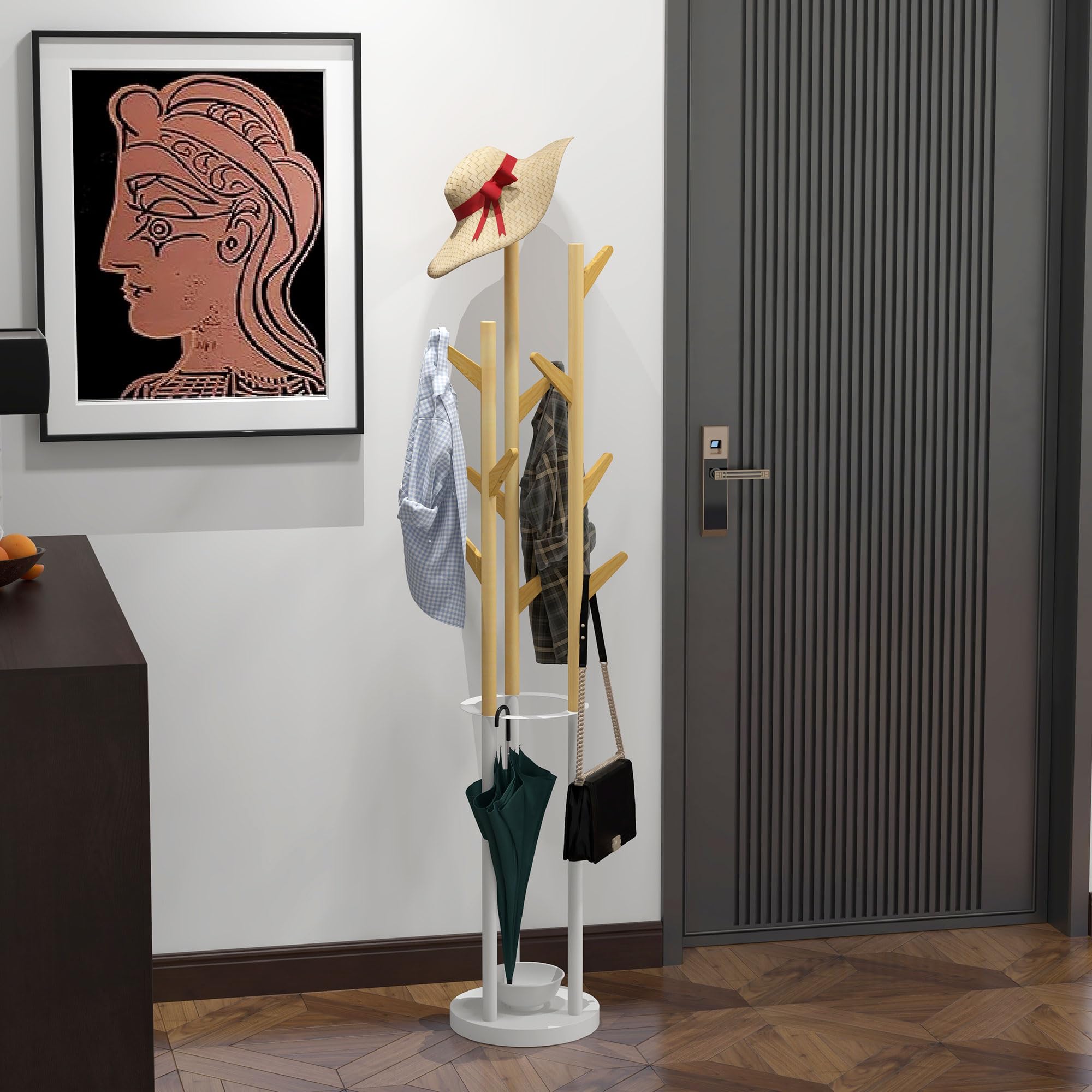 HOMCOM Appendiabiti da Terra di Design 30.5x30.5x174.5cm Legno e Bianco | Portaombrelli e 12 Ganci, Metallo e Bambù
