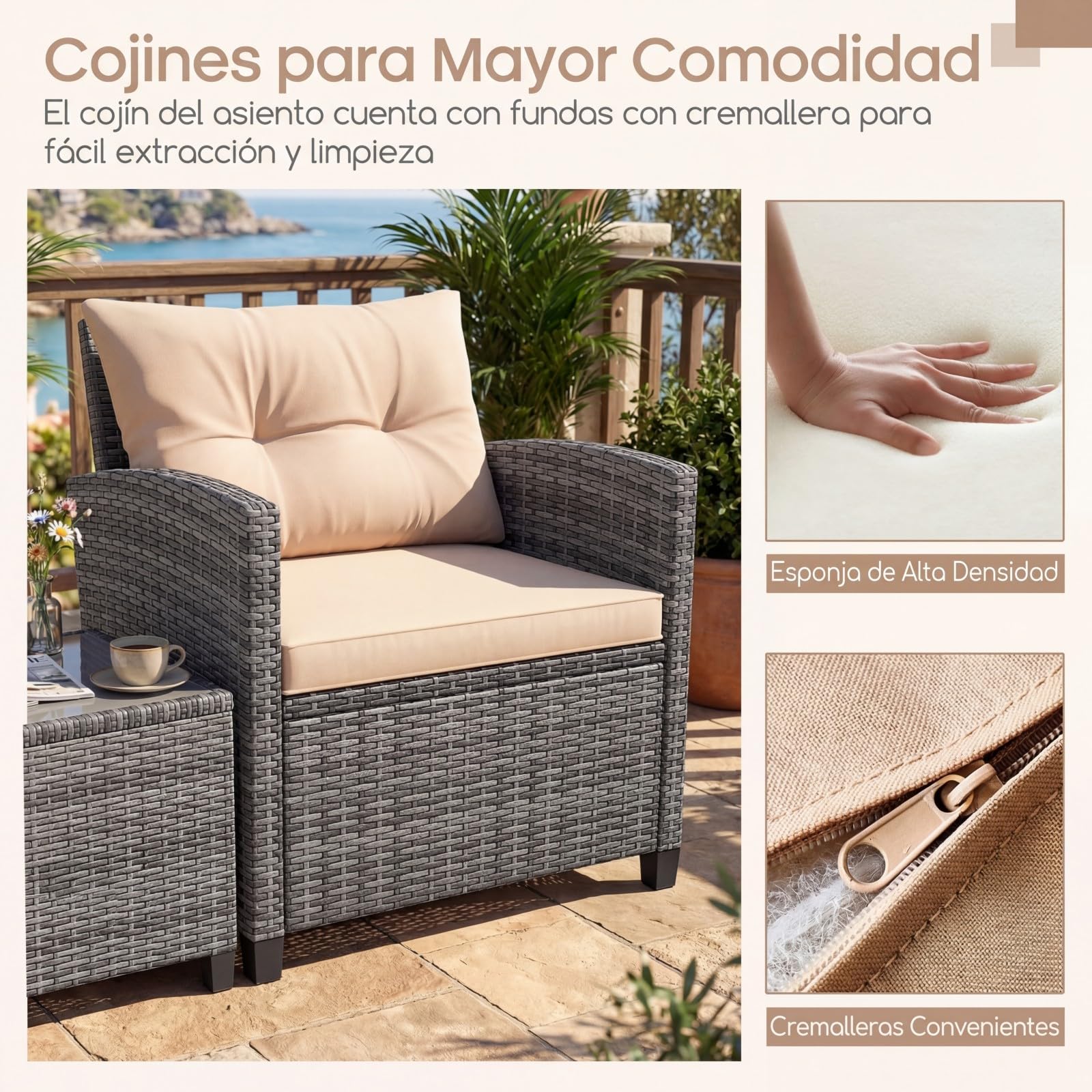 GIANTEX Conjunto de Muebles Jardín 3 Piezas, Mesa y Sillas de Exterior de Ratán PE con Cojines, Mesa con Tablero de Vidrio, para 2 Personas, para Terraza, Patio, Balcón (Gris+Marrón)