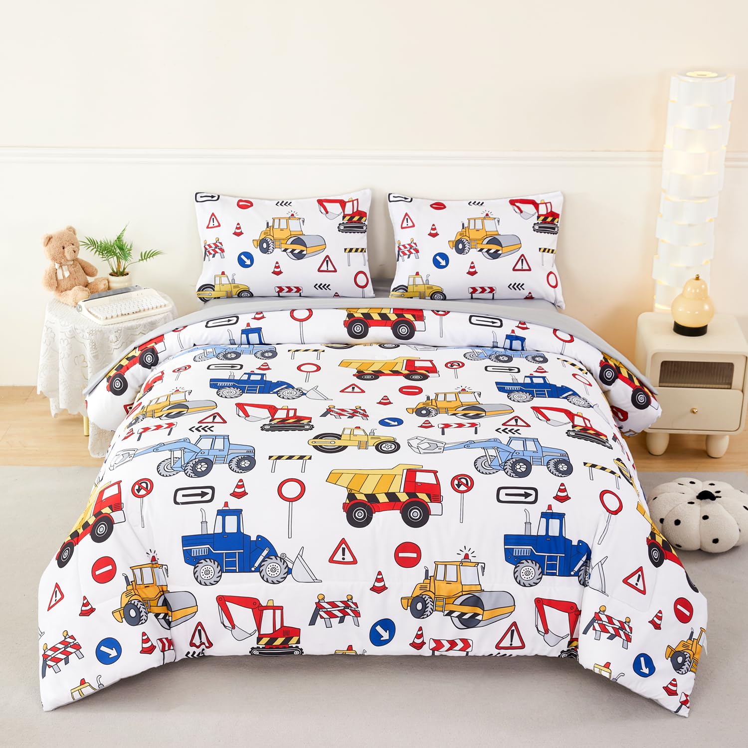 ANGIYUIN 5 Pieces Red Blue Twin Size Comforter Sets for Boys Construction Kids Bedding Sets Cartoon Excavator Tractors Bed in a Bag with Sheets for