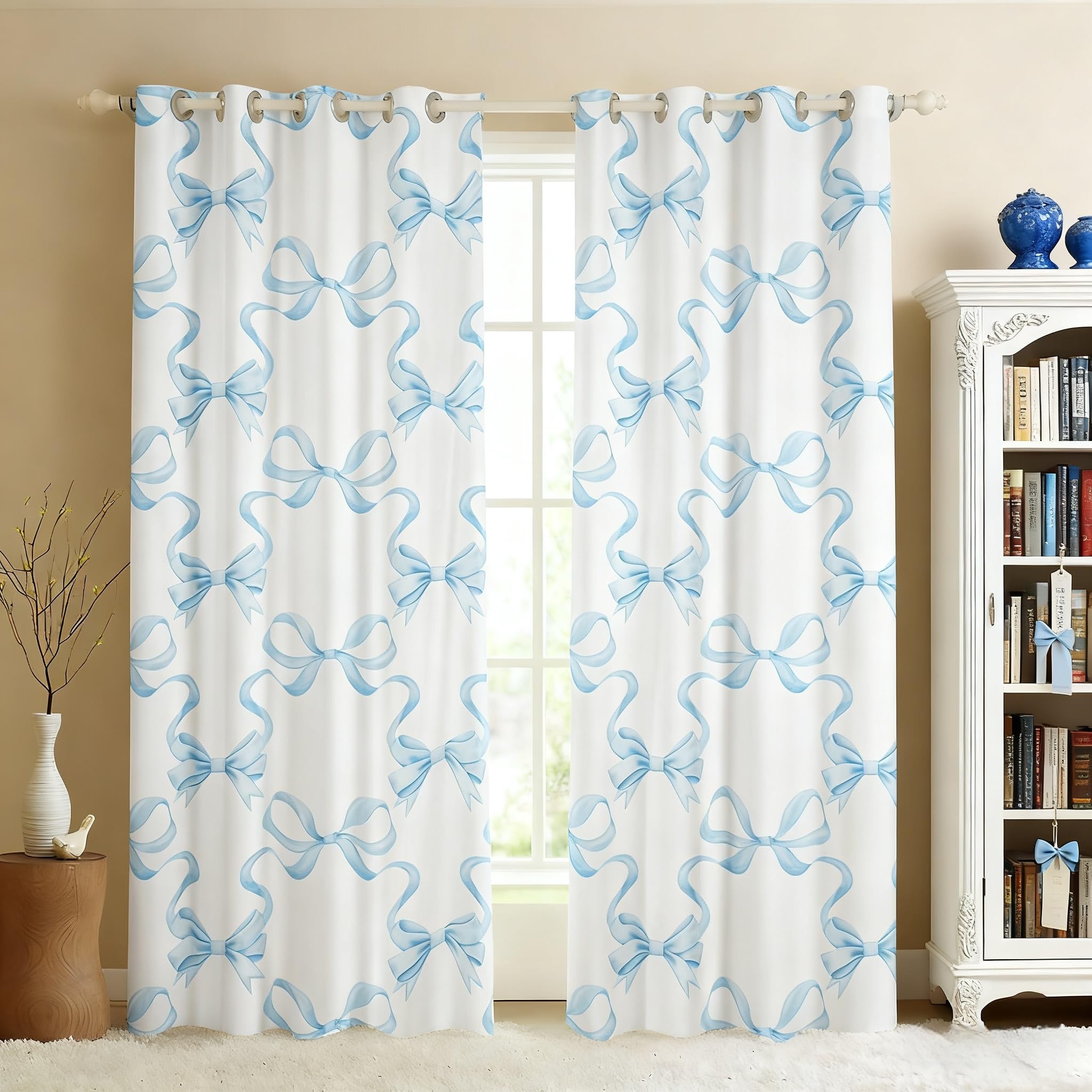 feelingyou Blue Bowknot Curtains for Windows,Princess Style Watercolor Bow-tie Curtains for Living Room,Fairy Tale Bow Ribbon Stripes Blue White Blackout Drapes 2 Panel Sets,66x72L - Image 4