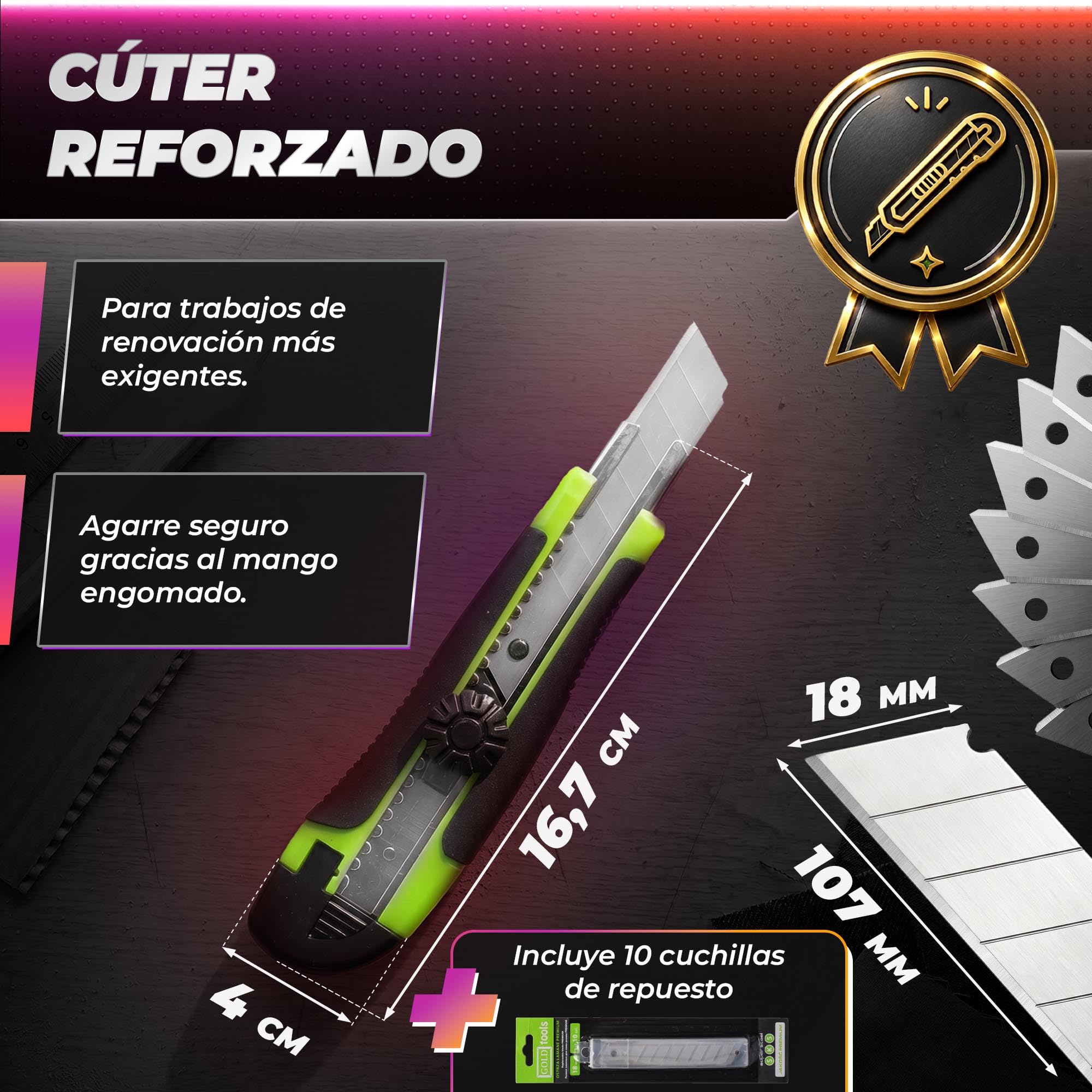 ToolSpace 12x Cúter Profesional 18 mm Con 22x Cuchillas SK5 Cuchilla Segmentada Mango Antideslizante Guía Metálica Cortador Para Cartón Papel Pintado Moqueta Plástico Bricolaje Taller Obra Pro Robusto