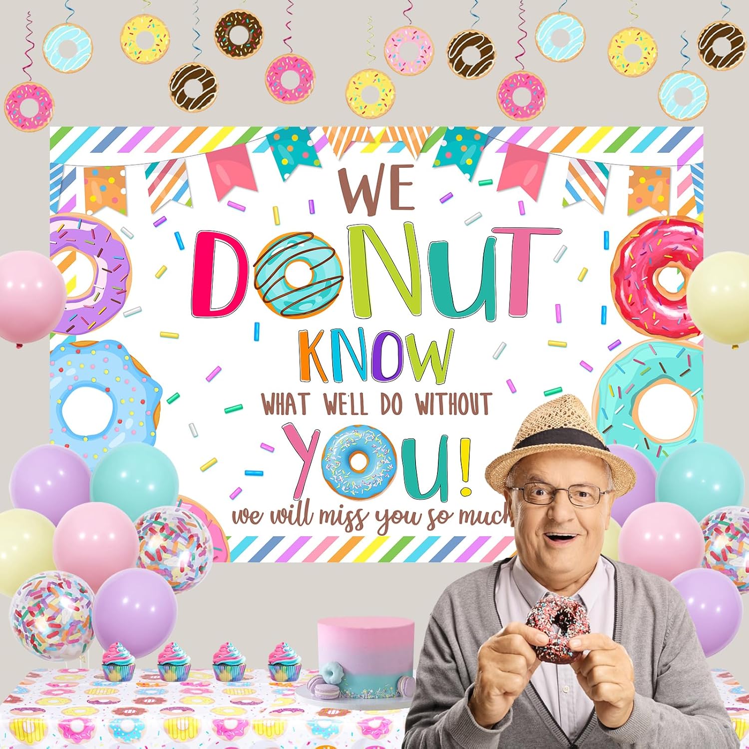Donut Forget Us Away Party Decoration Donut Balloon Backdrop Banner Tablecloth Hanging Swirl for Retirement Farewell Party Career Change Bachelorette