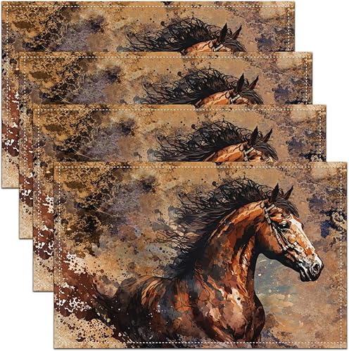 Juego de 4 manteles individuales con diseño de caballo con pintura de tinta, estilo occidental, animales, naturaleza, para cocina, comedor,