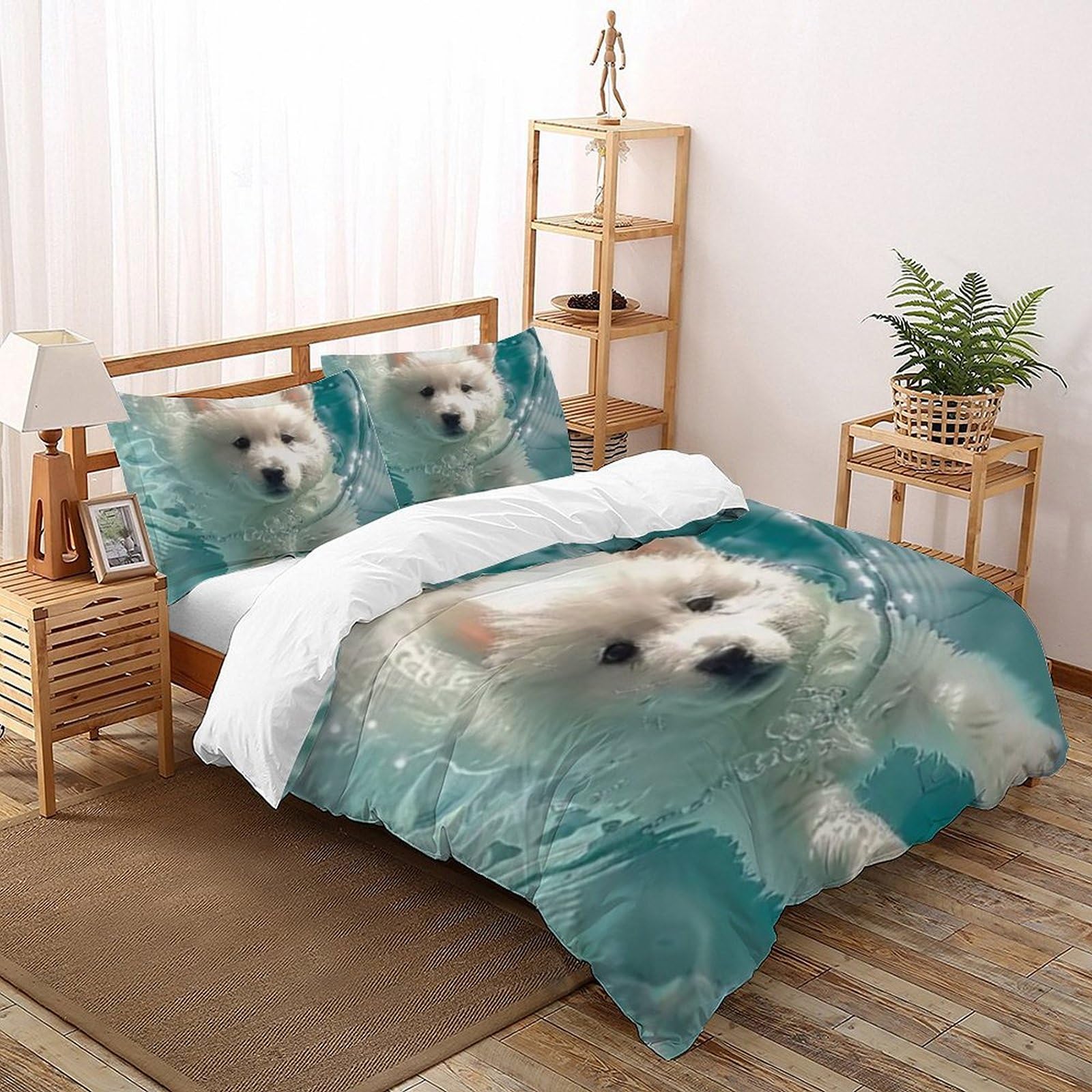 Housse de couette chiot nageur 200x200 cm avec 2 taies d'oreiller pour lit double enfant