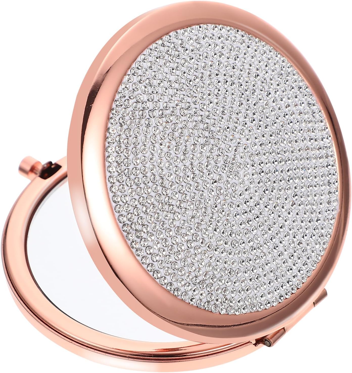 Garneck Rhinestone Compact Mirror Double-Sided Folding Small Makeup Mirror for Festival Purse Use in Rose Gold White