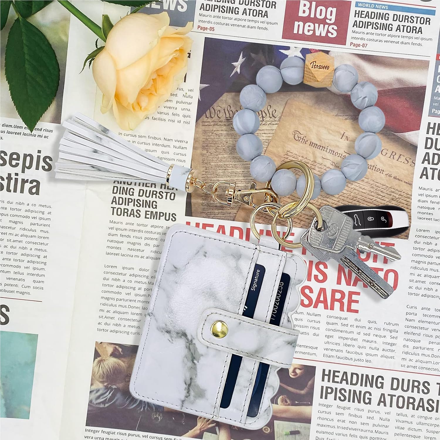 Keychain Wallet Wristlet Small Credit Card Holder Bracelet Key Chain Purse Bangle Tassel Beads Key Rings for Women - Image 2