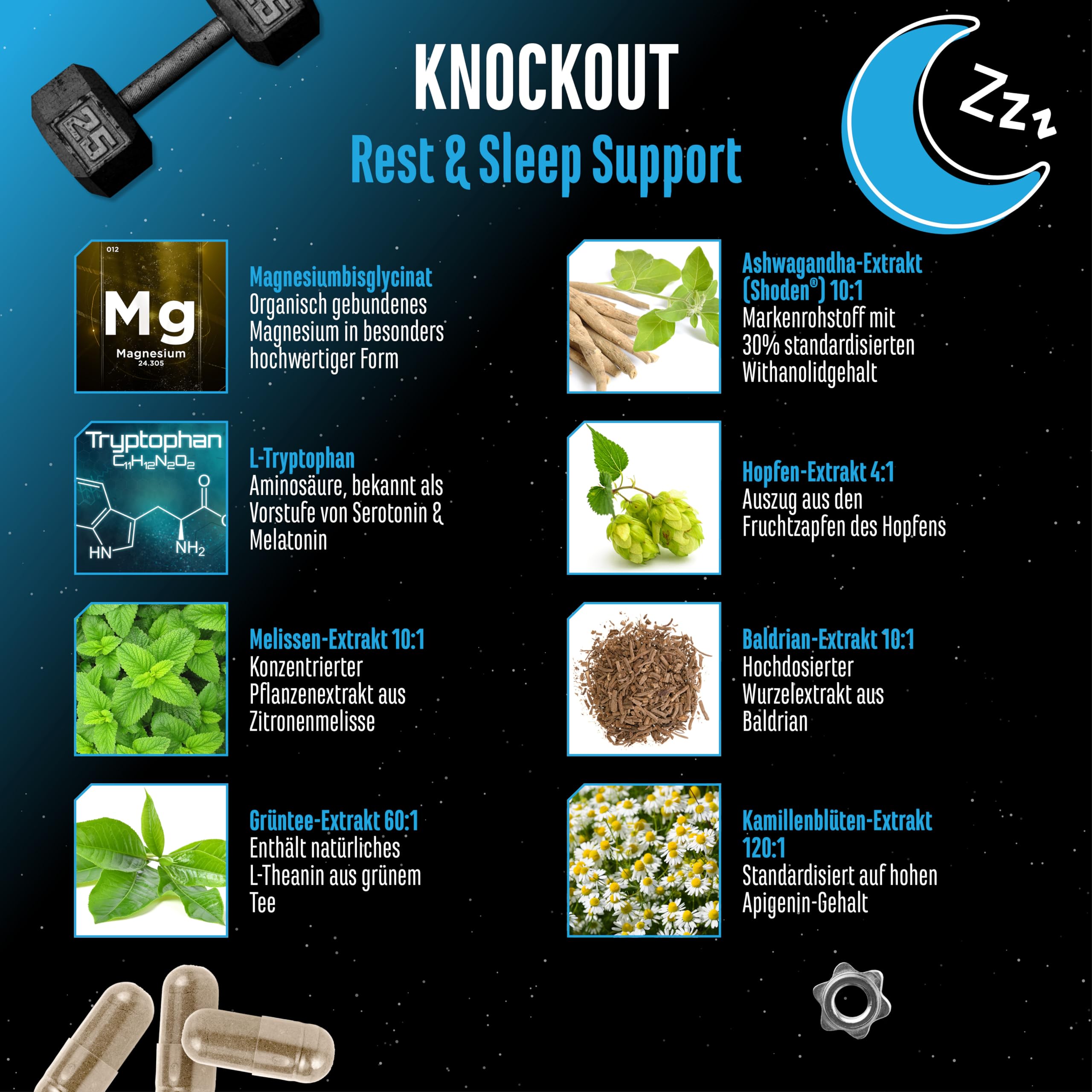 Knockout - Sleep & Recover Support - 120 Kapslen mit Shoden® Ashwagandha Extrakt, Magnesium, L-Tryptophan, natürliches L-Theanin aus Grüntee, Baldrian - Vegan