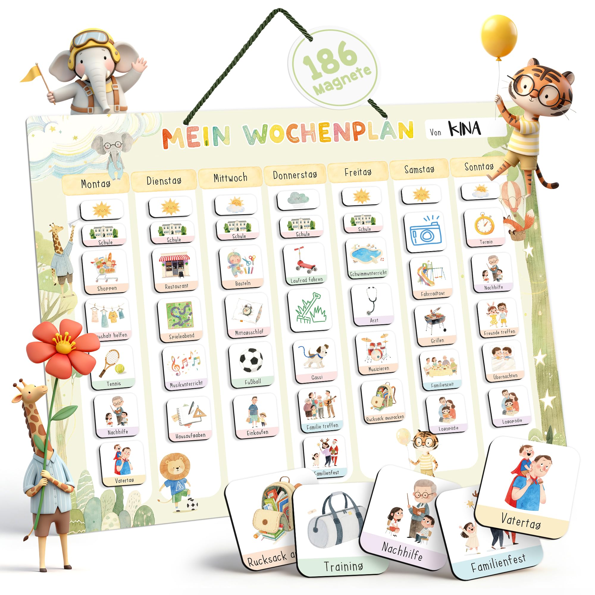 BIROYAL Wochenplaner für Kinder | Montessori Magnettafel inkl. 186 Magnete & Kordel | Kalender beschreib & abwischbar | magnetisches Lernspielzeug auf Deutsch für Kinder