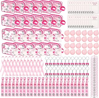168 Pcs Pink Soccer Team Gifts Bulk Makeup Bag for Woman | 24 Sets Cosmetic Bag, Mirror Comb, Bracelet, Keychain, Hair Tie, Thank You Card & Ribbon for Coach, Sports Party Favors