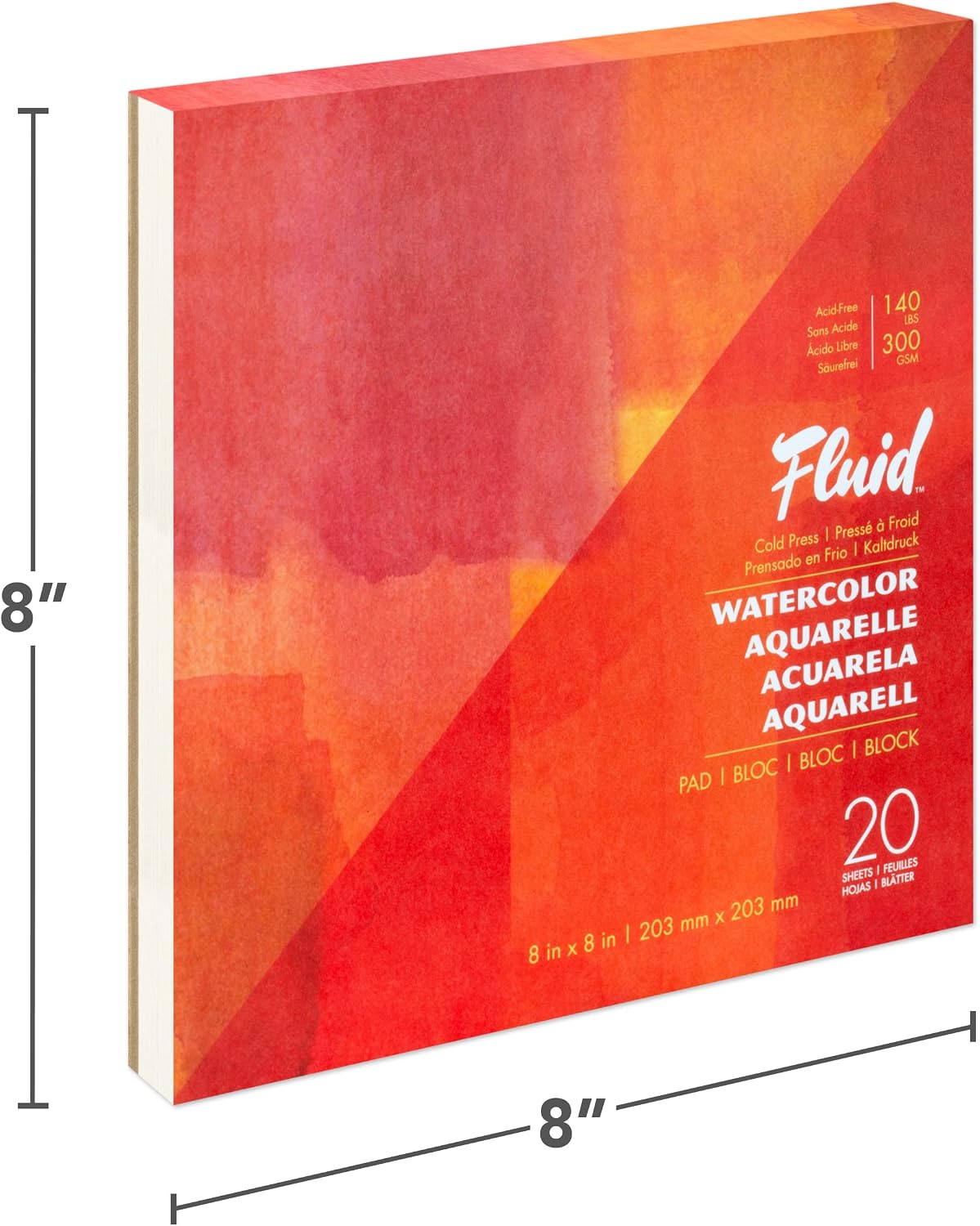 Fluid Artist Watercolor Pad, 140 lb (300 GSM) Cold Press Paper Pad for Watercolor Painting and Wet Media, Fold Over, 8 x 8 inches, 20 White Sheets