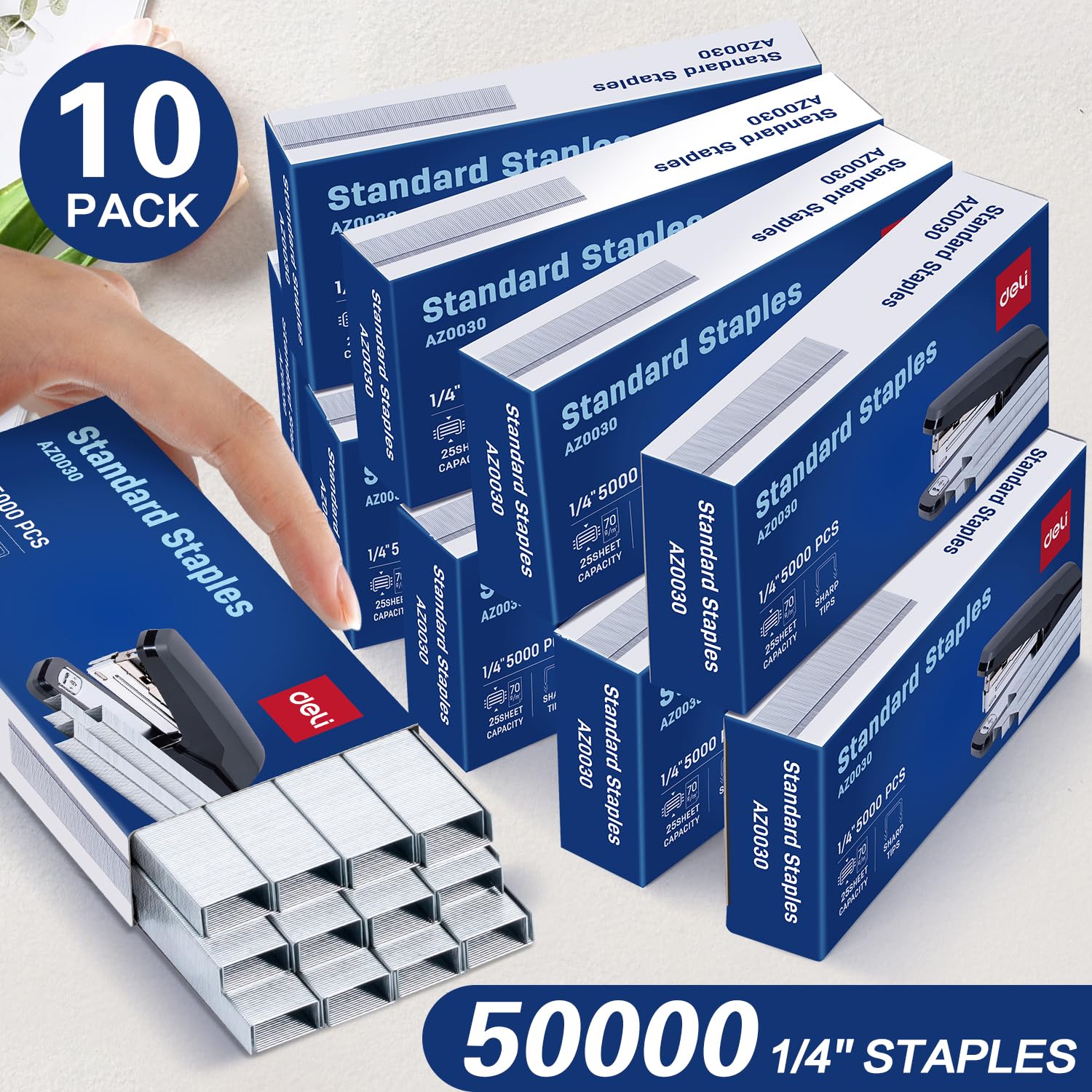 Deli Agrafes, 50 000 agrafes, longueur 6,35 mm, 210/bande, 10 boîtes de 5000 pièces