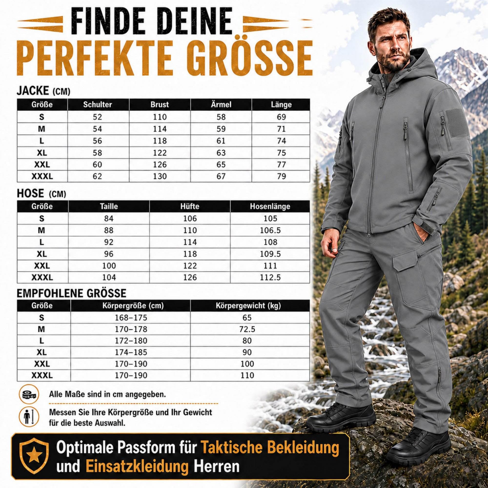 Taktischer Anzug Herren Set, Taktische Jacke Herren und Taktische Hose Herren, Softshell Outdoor Kleidung Militär Style, Wasserabweisend & Winddicht für Jagd, Wandern, Camping, Arbeit
