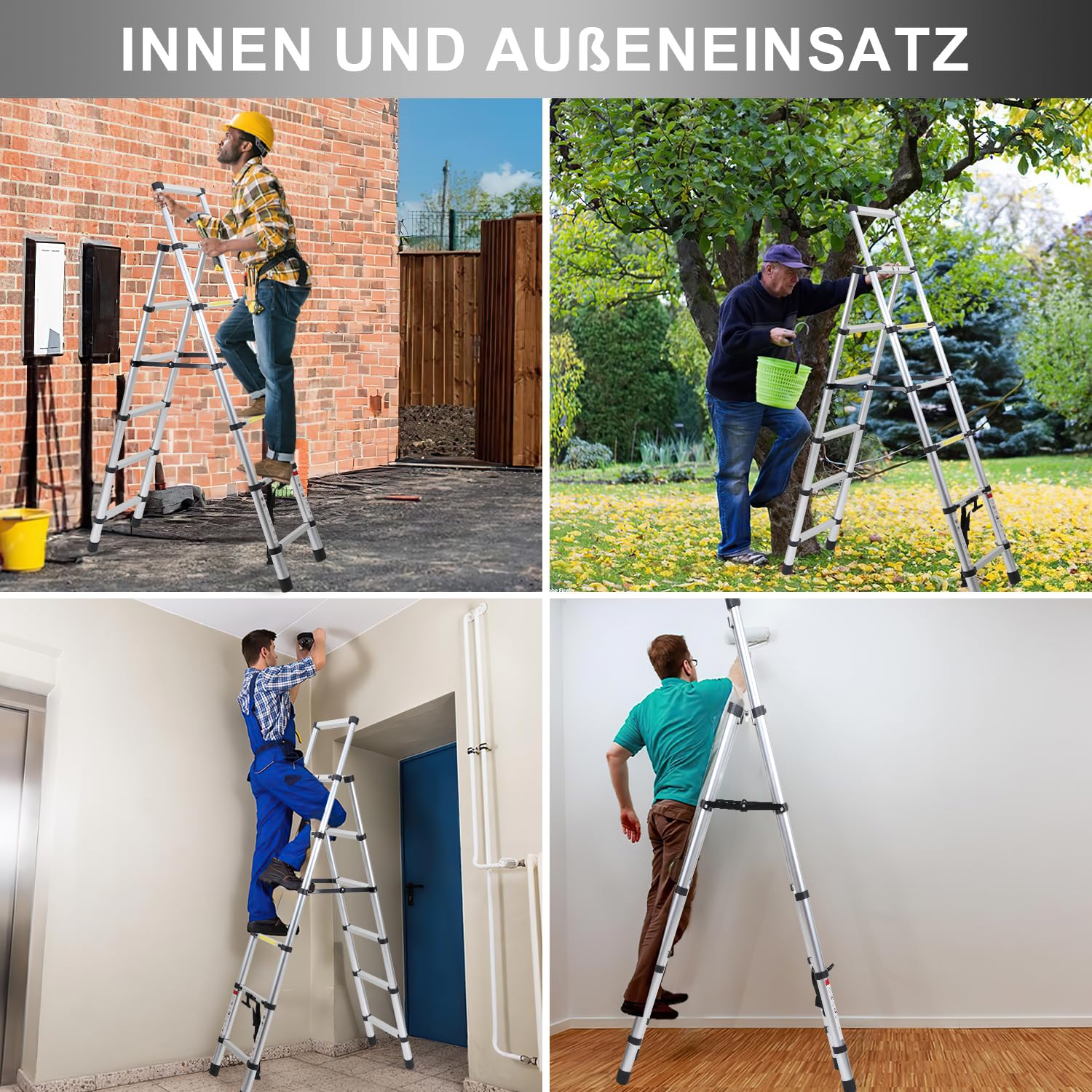 Eulenke Teleskopleiter 1.4m+1.7m Aluminium Trittleiter 4+5 Stufen Tragbare rutschfeste Klappleiter, 150 kg Belastbarkeit Stehleiter, Aluleiter für Drinnen, Draußen, Mehrzweckleiter, Haushaltsleiter