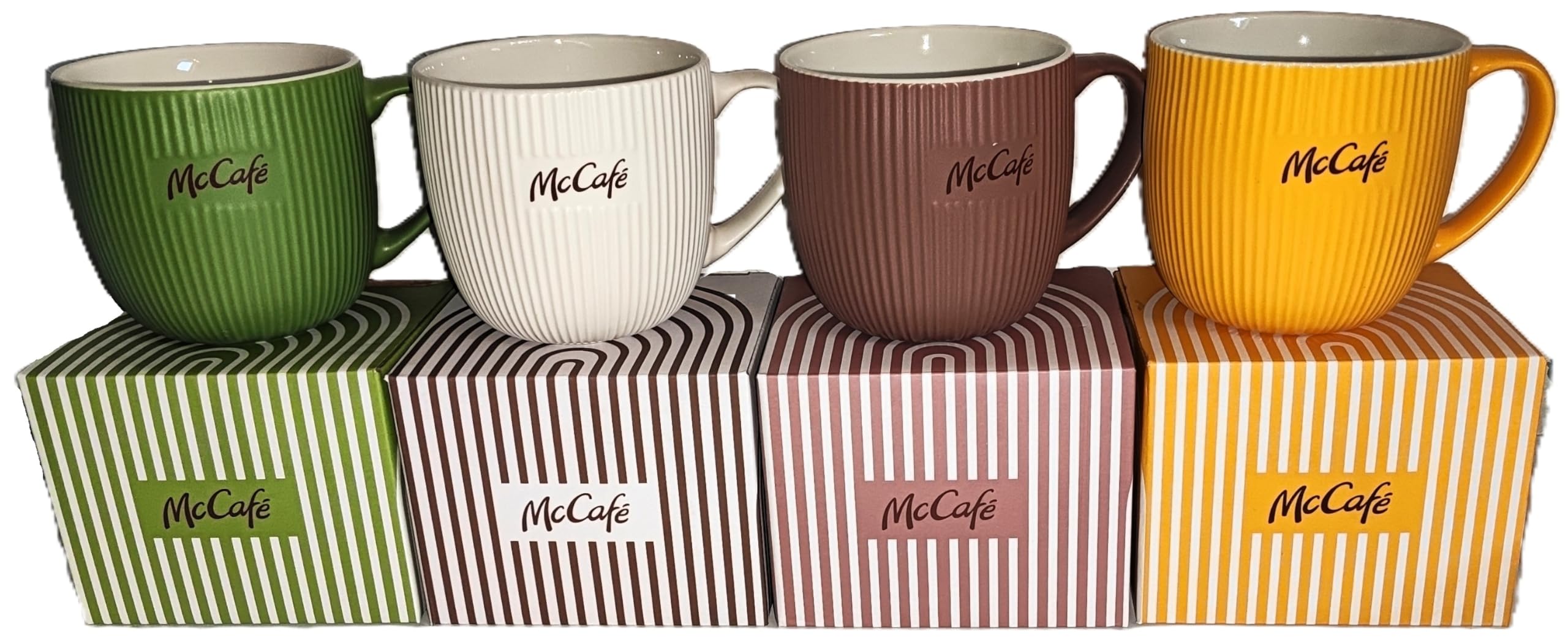 Rahm McCafé - Set di 4 tazze da caffè in ceramica con scatole originali, colore: verde, crema, marrone e giallo, McDonald's McCafe
