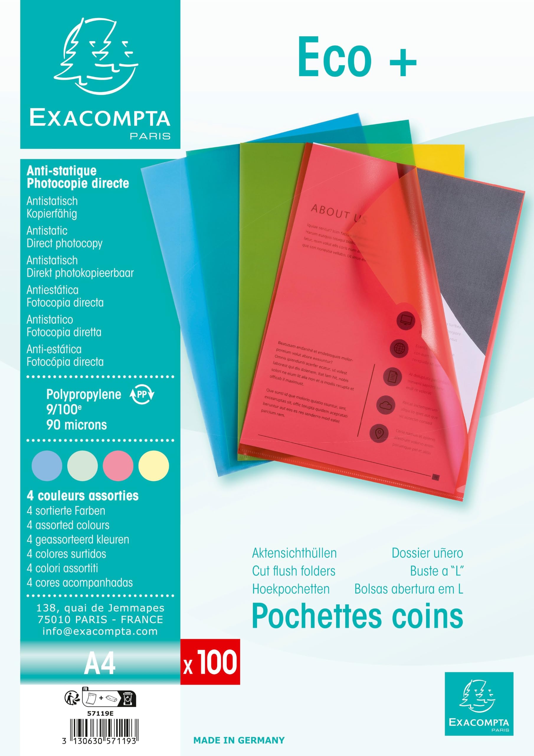 Exacompta - Rif. 57119E - Cartoncino con 1000 tasche angolari in PP grana economica, dimensioni 22 x 31 cm, formato A4-4 colori assortiti blu, giallo, rosso, verde