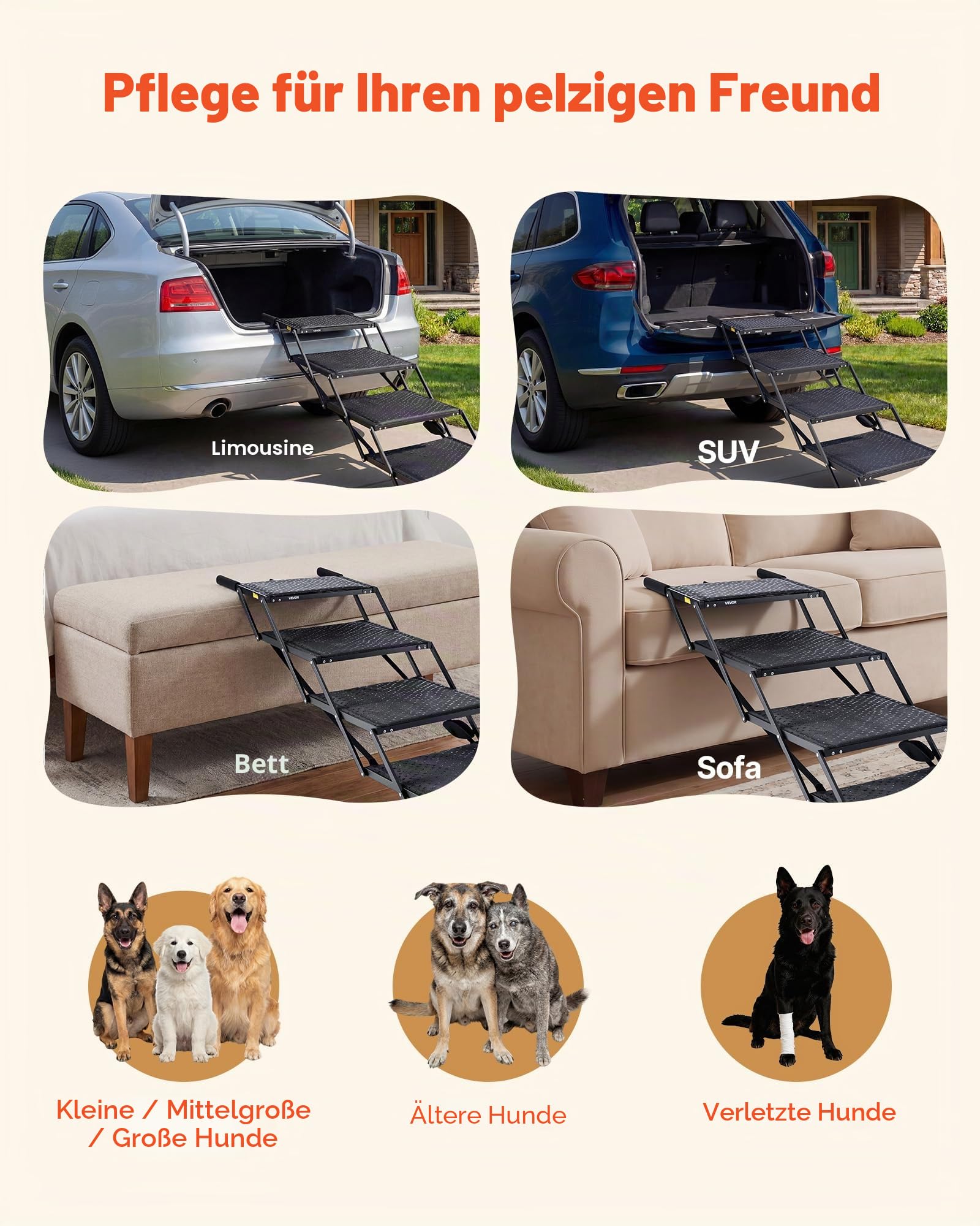 VEVOR Hundetreppe Auto Klappbar 4-Stufig, Extra Breite Hunderampe für Große Hunde mit Rutschfester Oberfläche, Tragbare Einstiegshilfe für Auto, SUV, LKW, Hochbett, Sofa, Tragkraft bis 113 kg