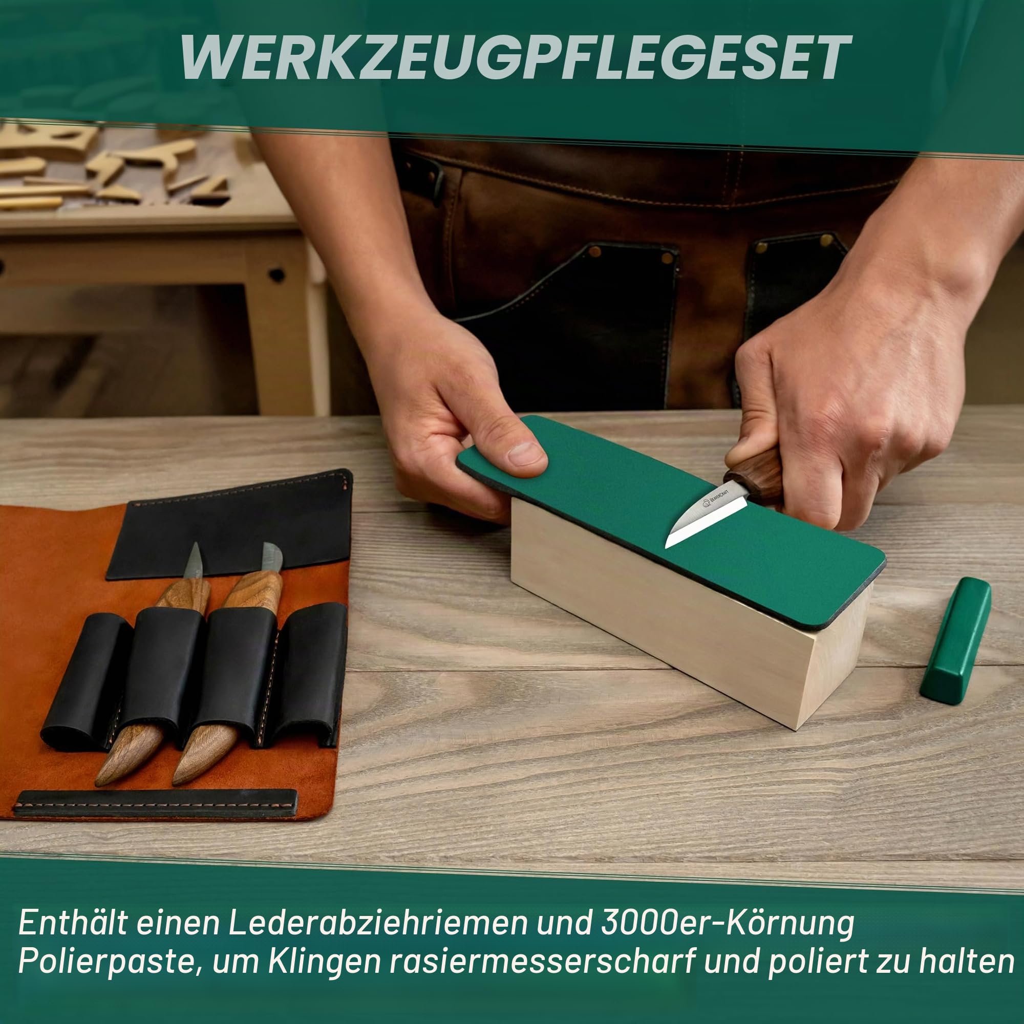 BeaverCraft Holzschnitzset Deluxe Holzschnitzmesser Set S15X - Holz Schnitzwerkzeug und Leder Streichriemen zum Schärfen mit Poliermittel - Schnitzmessern, Hohlbeitel, Meißel
