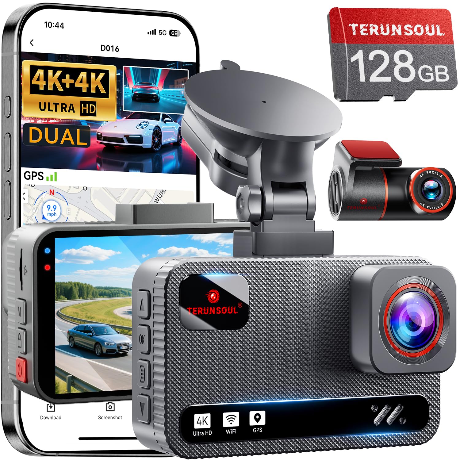 4K+4K Dash Cam Front and Rear, Free 128GB Card Included, 5.8GHz WiFi Dash Camera for Cars, Built-in GPS, G-Sensor, 170°Wide Angle, 3" IPS Screen, 24H Parking Mode, Support 512GB Max