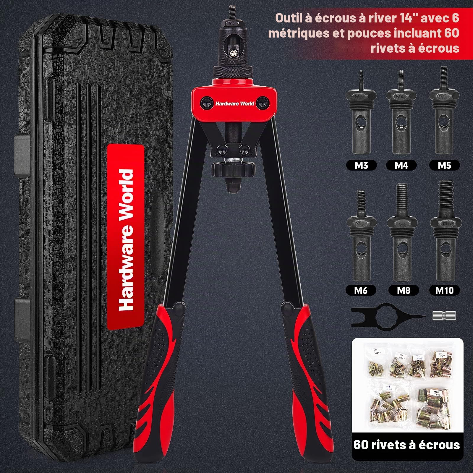 Outil à riveter 14" - Kit professionnel pour rivets avec M3 M4 M5 M6 M8 M10 métriques 6 mandrins et 60 écrous, conception permettant de limiter les efforts, avec étui de transport robuste