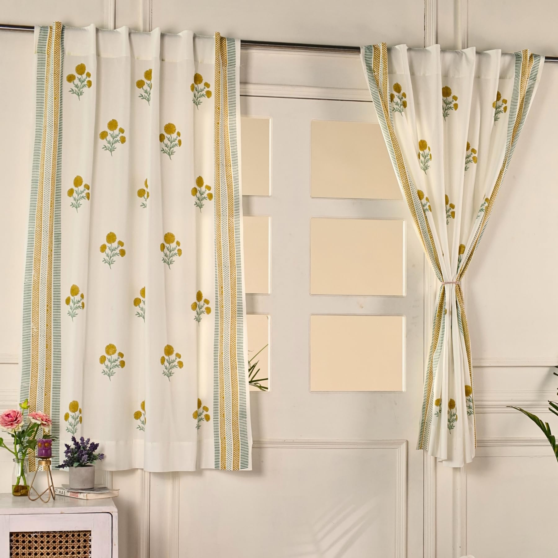 Peepul Tree Handprinted Sheer Cotton Window Curtain in Mustard & Teal | 5 Feet | Pack of 2 | Mulmul/Voile Fabric | Back Loop Curtains | 30-40% Light Filtering | Soft & Breathable Drapes |