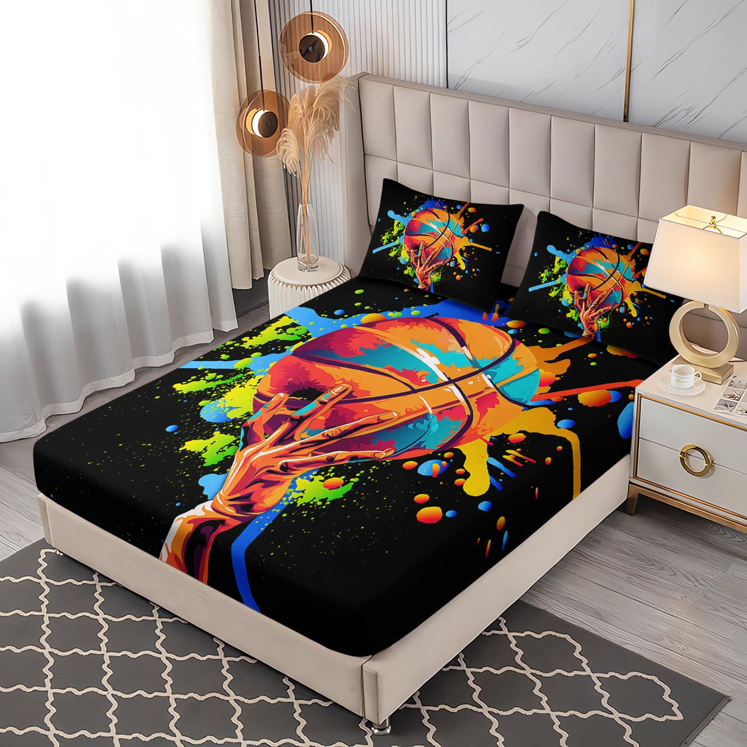 UEVBF Black Basketball Bedding Sets,Watercolor Tie-dye Bedding Color Graffiti Hip Hop Style Twin Sheets Set Boys,Ball Sports Games Bedding for Kids Room Decor,1 Fitted Sheet+2 Pillowcases.