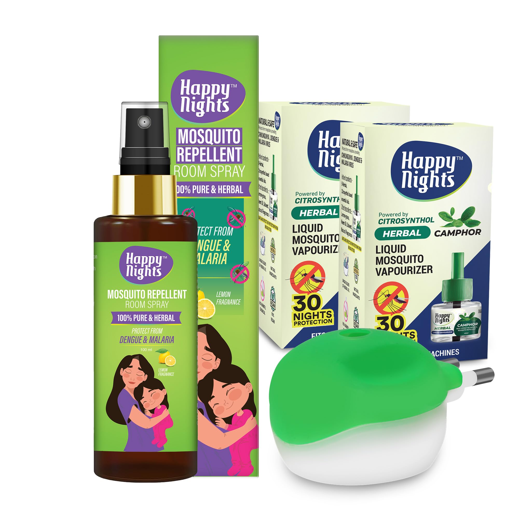 Happy Nights Herbal Mosquito Repellent Room Spray & Liquid Vaporizer Refill with Machine Combo Mosquito Protection Safe for Baby (100ml Lemon Fragrance Spray | 2 x 45ml Camphor Refill & Machine)