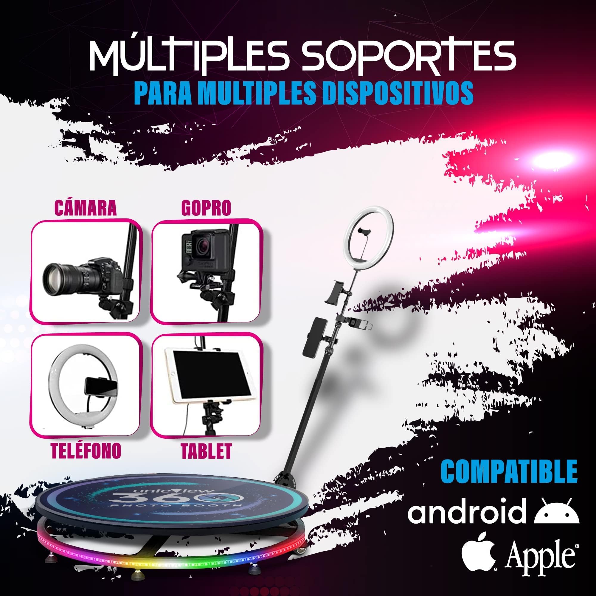 Photo Booth 360, Incluye Mando a Distancia y Soportes para Smartphone, iPad, gopro y cámara Reflex, Anillo de iluminación, Giro configurable Desde el Mando, Maleta (Photobooth 360 de 80cm)