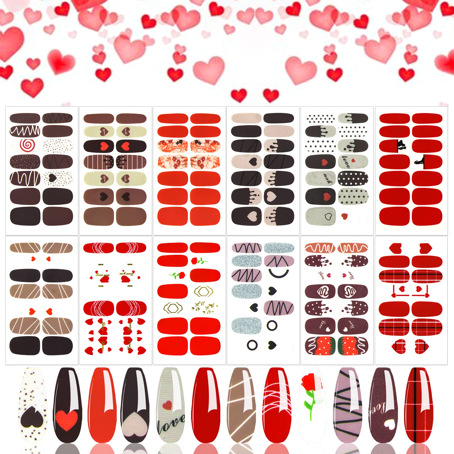 JERCLITY12 Sheets Love Heart Valentine's Nail Polish Strips Stickers with Nail File Self-Adhesive Nail Strips Gel Stickers for Nails Full Nail Wraps for Women Nail Art