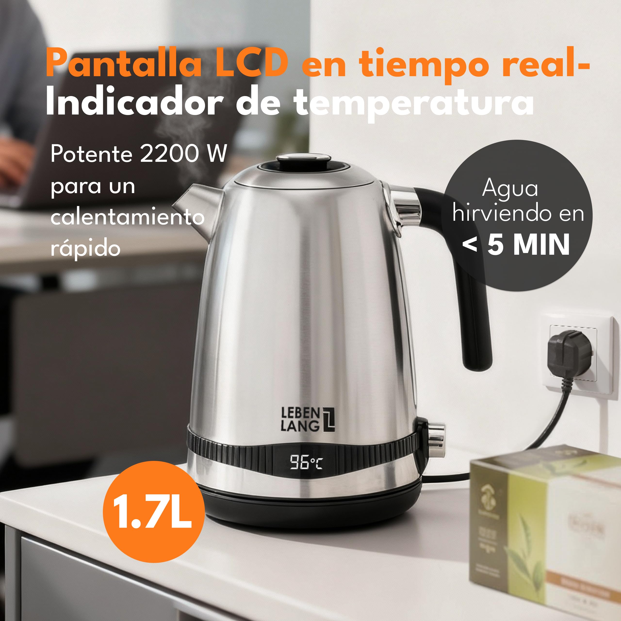 LEBENLANG Hervidor de agua de acero inoxidable con ajuste de temperatura - silencioso, con indicación de temperatura y función de mantenimiento del calor - 1,7l y 2200W | Hervidor de agua eléctrico | Silencioso, con indicación de temperatura y función de