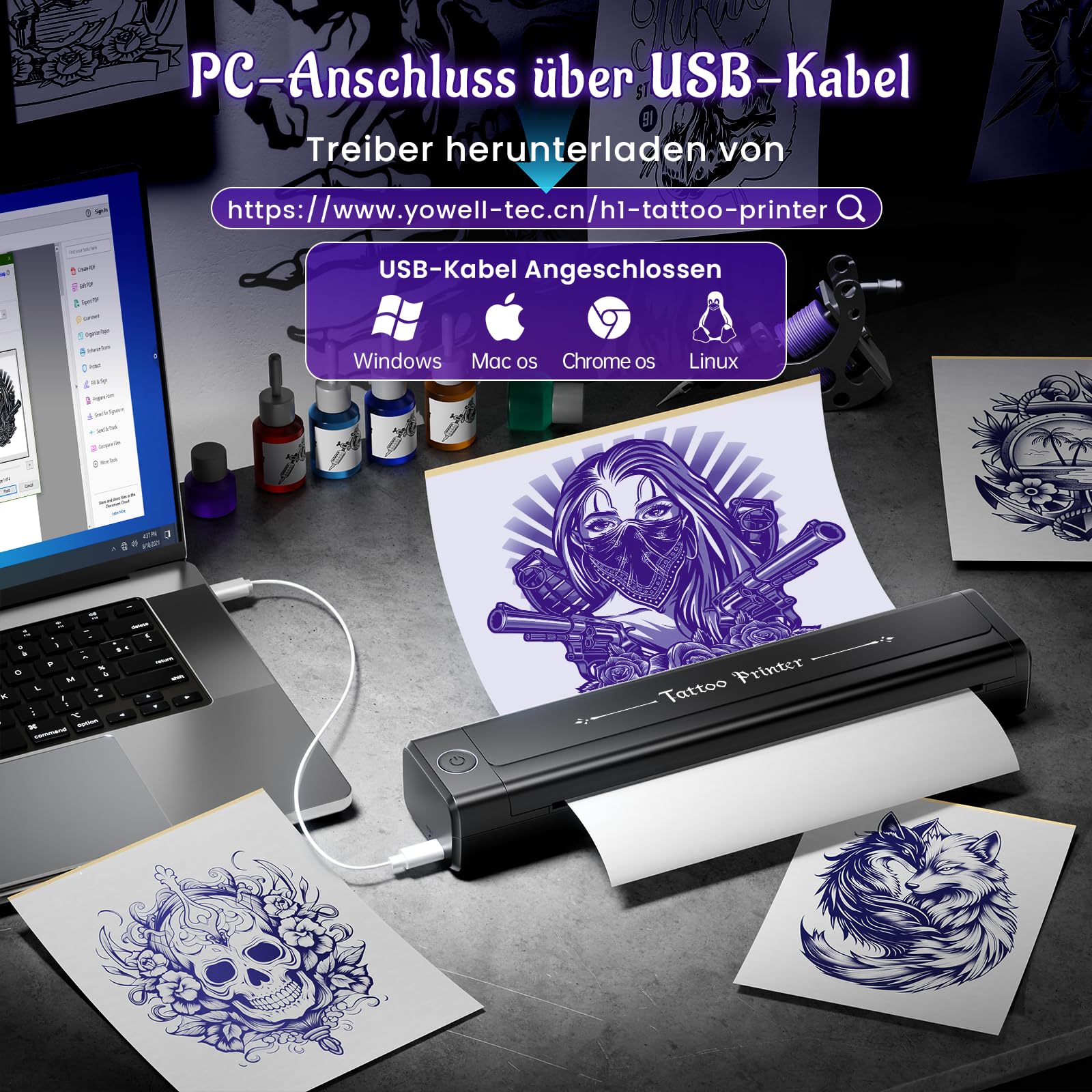 Yowell H1 Tattoo Drucker Bluetooth, Stencil Drucker, Tattoo-Drucker mit 10 Blatt Transferpapier, Tattoo-Stencil-Drucker für Smartphone & PC, Thermodrucker-Tattoo für Künstler und Anfänger, Schwarz
