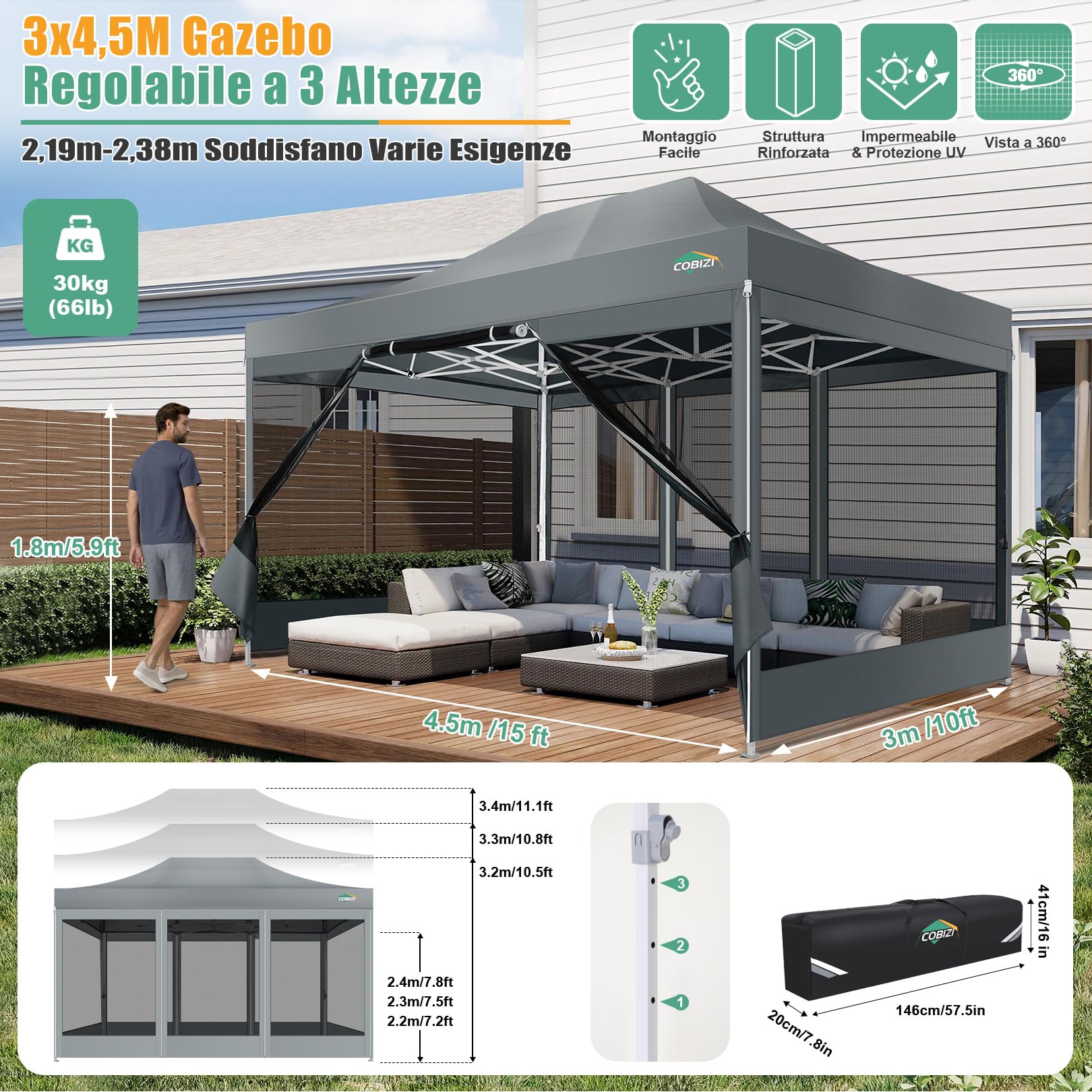 COBIZI Gazebo pieghevole 3x4,5 m con zanzariere, impermeabile e stabile | Protezione UV, altezza regolabile su 3 livelli, tessuto Oxford 420D, borsa inclusa