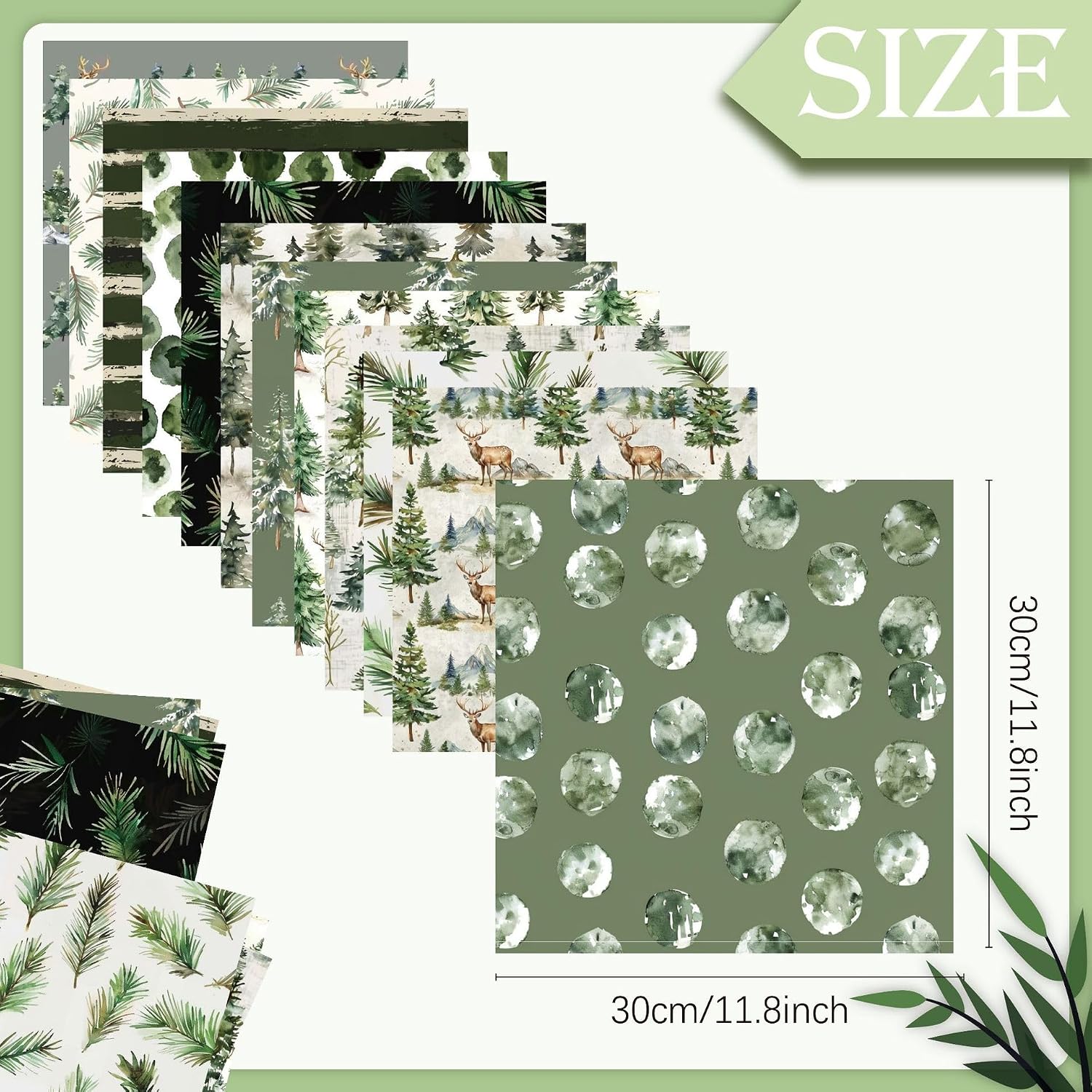 24 Sheets Large Watercolor Forest Deer Double-Sided Craft Paper Pack, Vintage Pine Tree Woodland Pattern Paper for Decoupage, Scrapbooking, Journaling, Card Making & DIY Christmas Holiday Crafts image 3