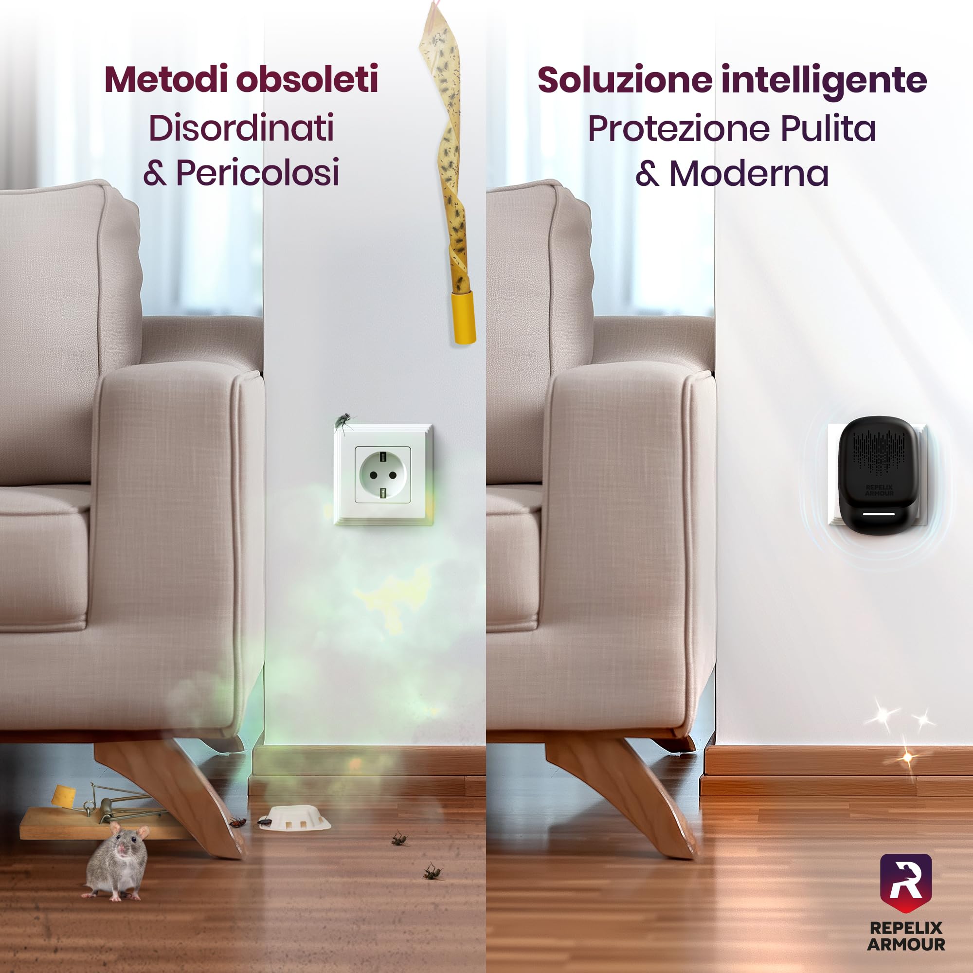 Repellente ultrasonico per parassiti da interno – Confezione da 2 – Copre 140m² per dispositivo – 3 modalità – Allontana topi, ratti, ragni, zanzare, formiche, insetti e mosche - 4