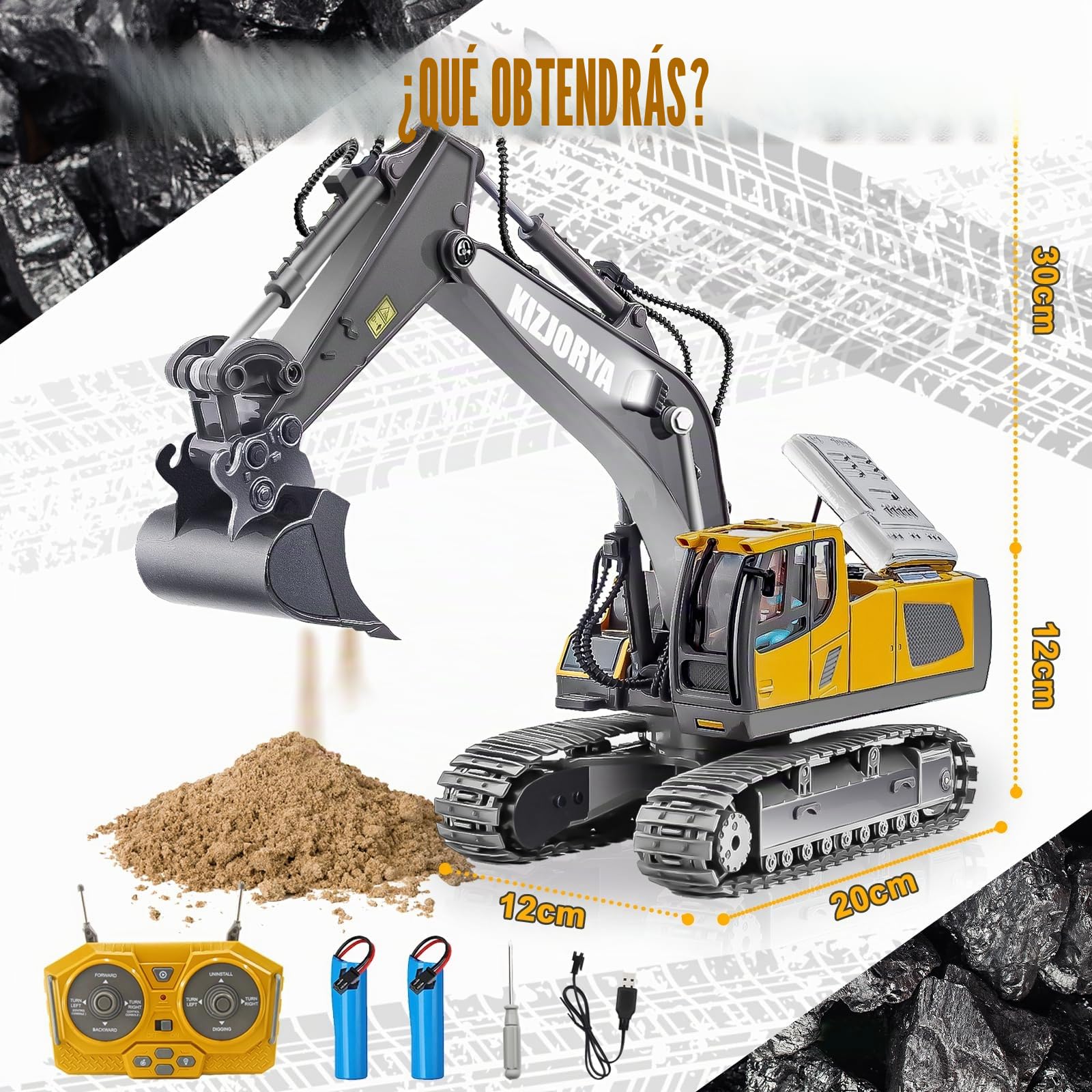 Excavadora Juguete Teledirigido, Excavadora Juguete para Niños de 6-12 años, RC Recargable, 11 Canales, Sonido y Luz, Pala de Metal, Regalo de Cumpleaños para Niños de 3 4 5 6 7 8 9 10+ años (2,4 GHz)