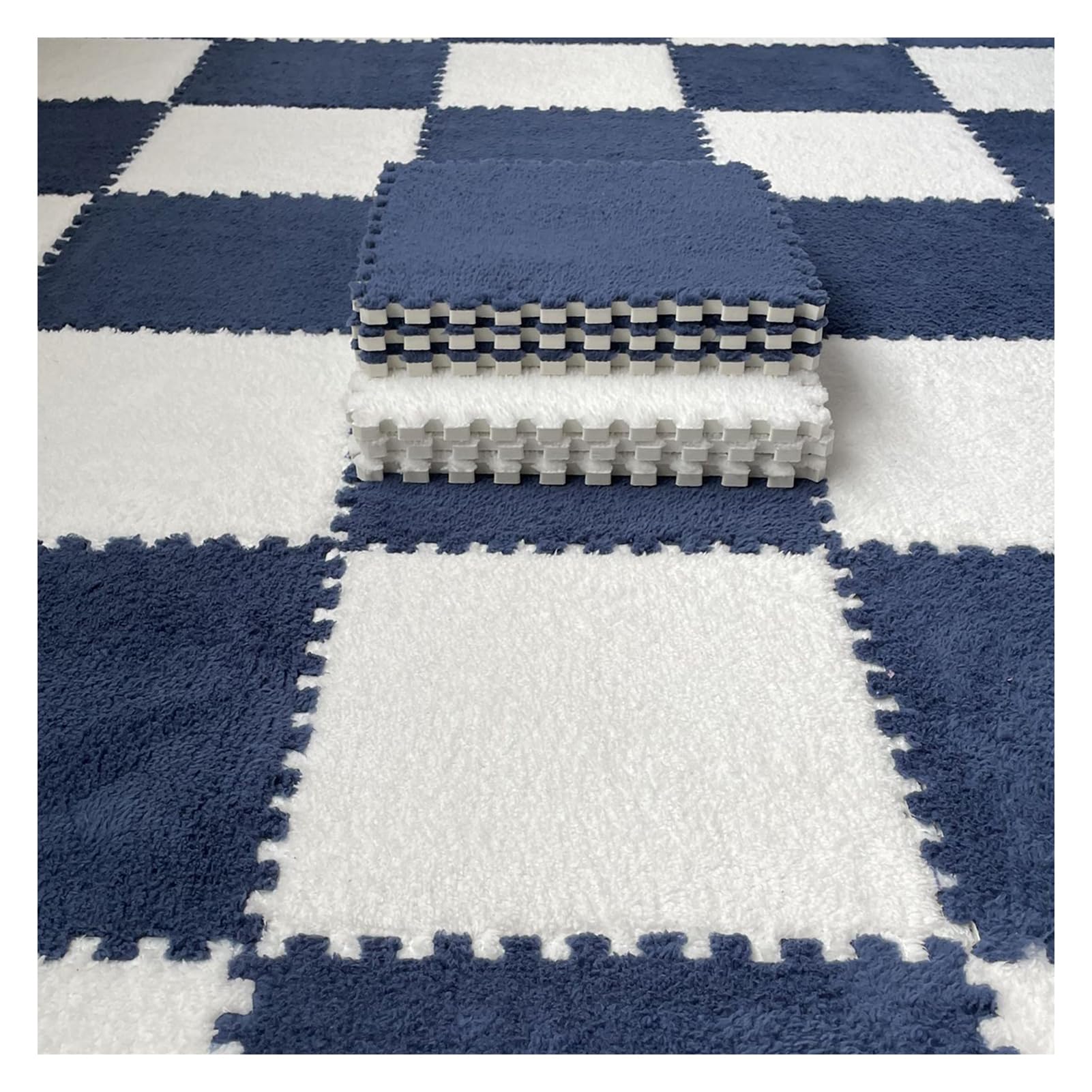 Puzzlematte Schaumstoff-Puzzle-Bodenmatte, 6 Stück, ineinandergreifende Plüsch-Schaumstoffmatten, quadratisch, 30,5 x, 0,4 cm, Mehrfarbig(Navy+White)