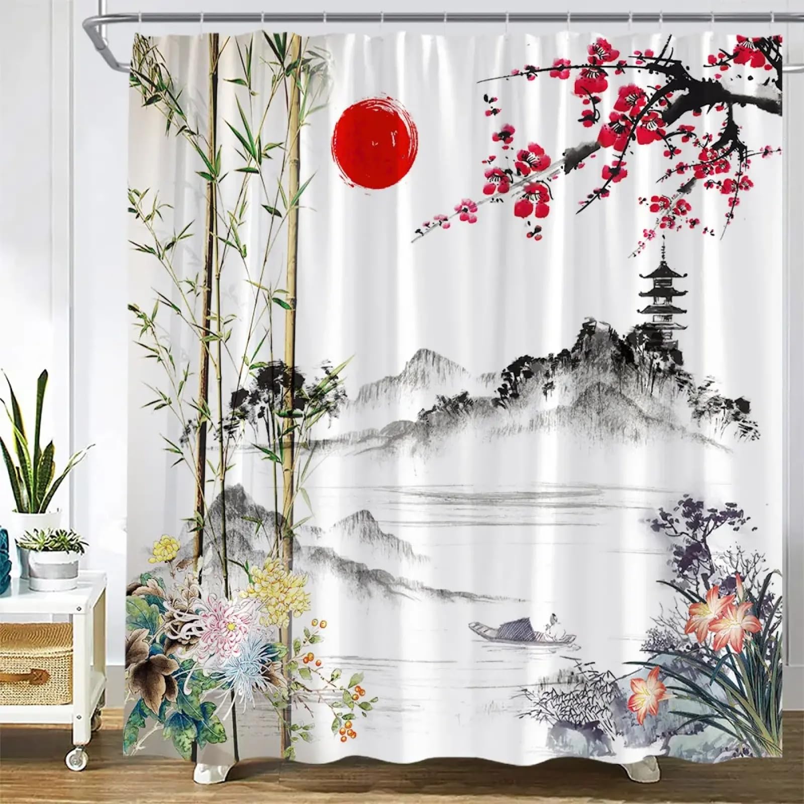 Rideau de douche anti éclaboussures carpe japonaise et montagne