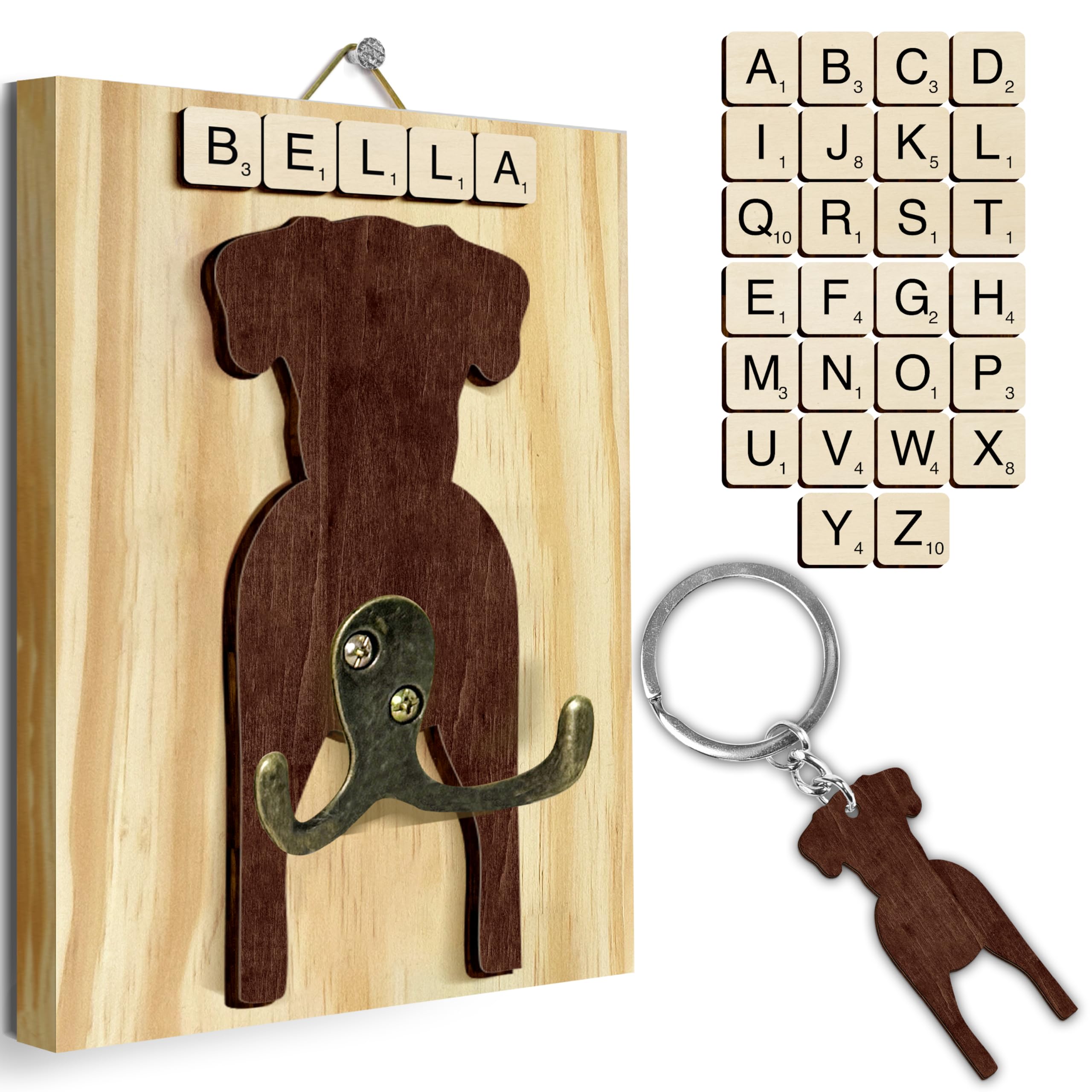 Great Dane Dog Leash Holder Wall Mount with Scrabble Letters, Wooden Dog Wall Hook Organizer, Pet Collar and Harness Holder Entryway, Key Hook and Leash Rack, Gift for Pet Lovers, Home Decor PF297-40
