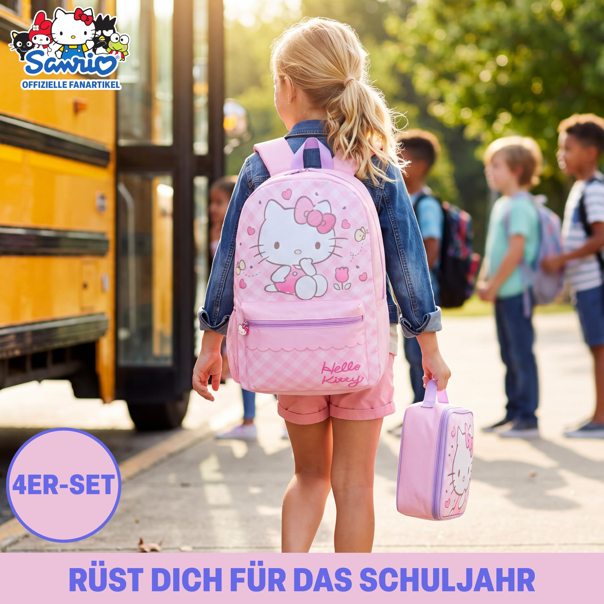 Get Trend Hello Kitty Sanrio Rucksack Kinder 4 TLG. Größer Kinderrucksack, Trinkflasche 500ml, Federmäppchen & Isolierte Lunchtasche, Geschenk für Kinder (Rosa Hello Kitty)