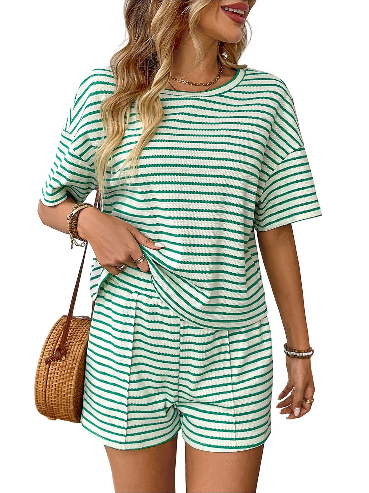 Conjunto Chándale Mujer Verano 2 Piezas Casual Pantalones Cortos y Top Camiseta Manga Corta Camiseta Manga Corta a Rayas Cuello Redondo Deportivo — view 10