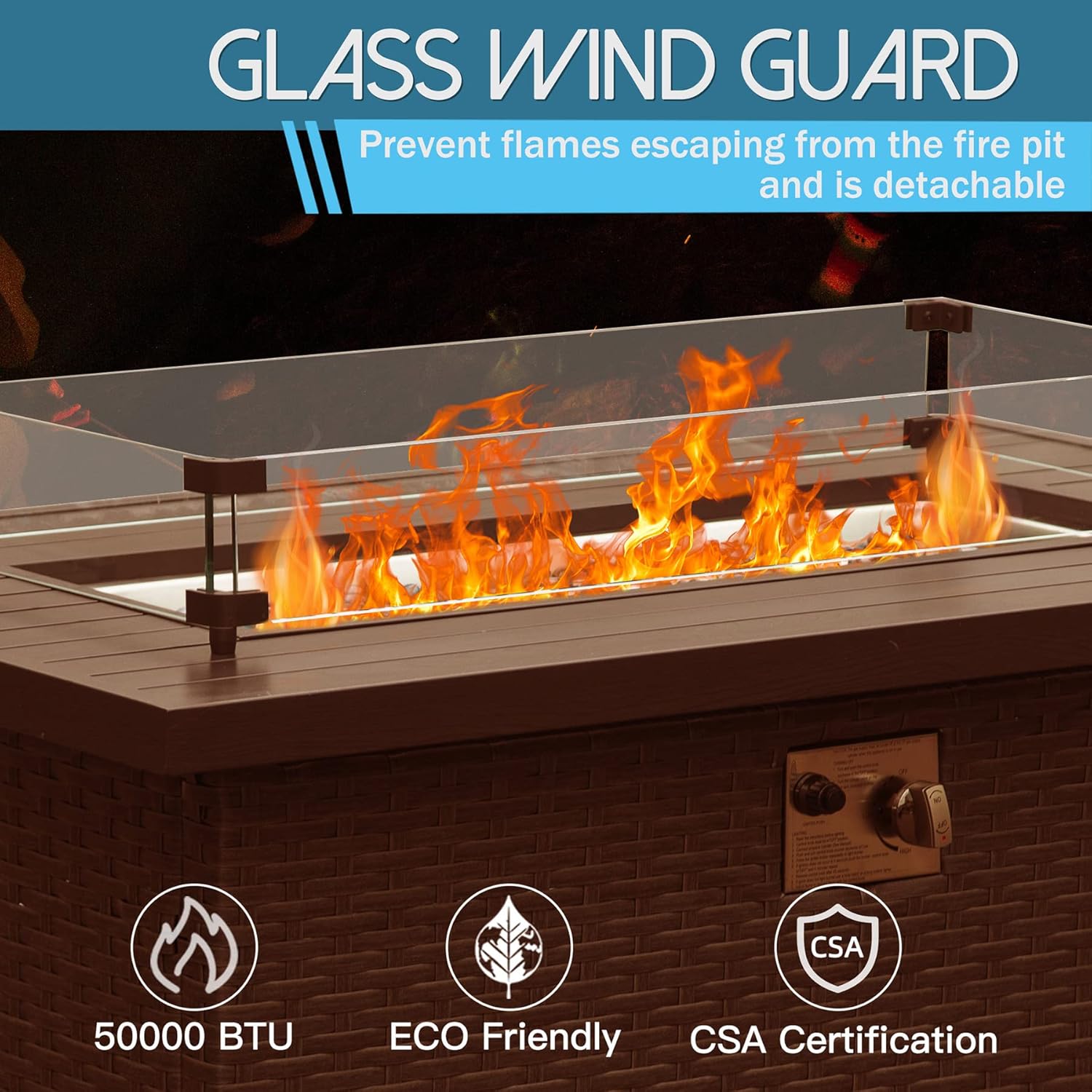 Domi Outdoor Living 43in Gas Fire Pit Table,50,000 BTU Outdoor Wicker Patio Propane Firepit w/Aluminum Tabletop,Glass Wind Guard,Blue Glass Rocks, Hideaway Tank Holder, ETL Certification, Cover Lid